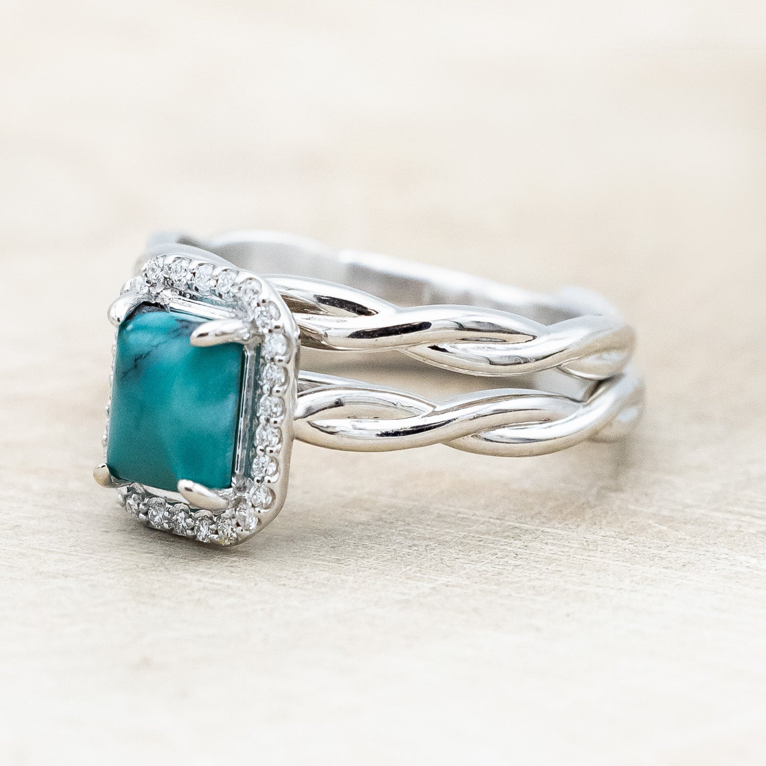 "EVERLEIGH" - EMERALD CUT TURQUOISE WEDDING BAND SET WITH DIAMOND HALO & TWISTED STACKING BAND-Staghead Designs