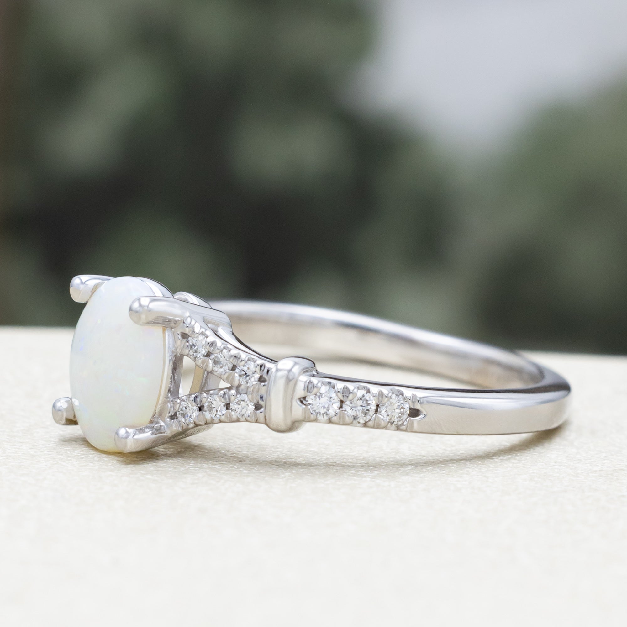 "EVLIN" - OVAL CABOCHON CUT WHITE OPAL ENGAGEMENT RING WITH DIAMOND ACCENTS & TRACER-Staghead Designs