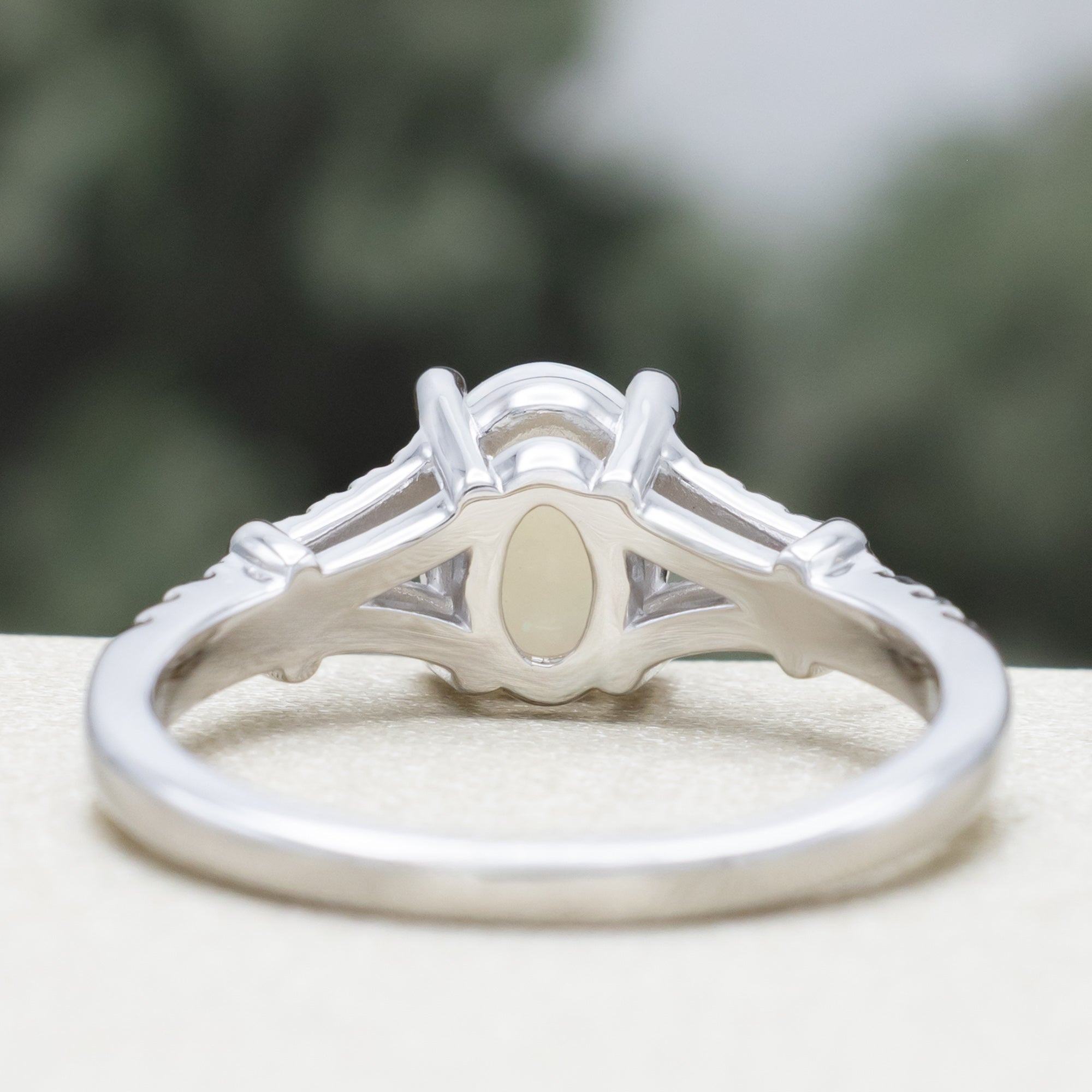 "EVLIN" - OVAL CABOCHON CUT WHITE OPAL ENGAGEMENT RING WITH DIAMOND ACCENTS & TRACER-Staghead Designs