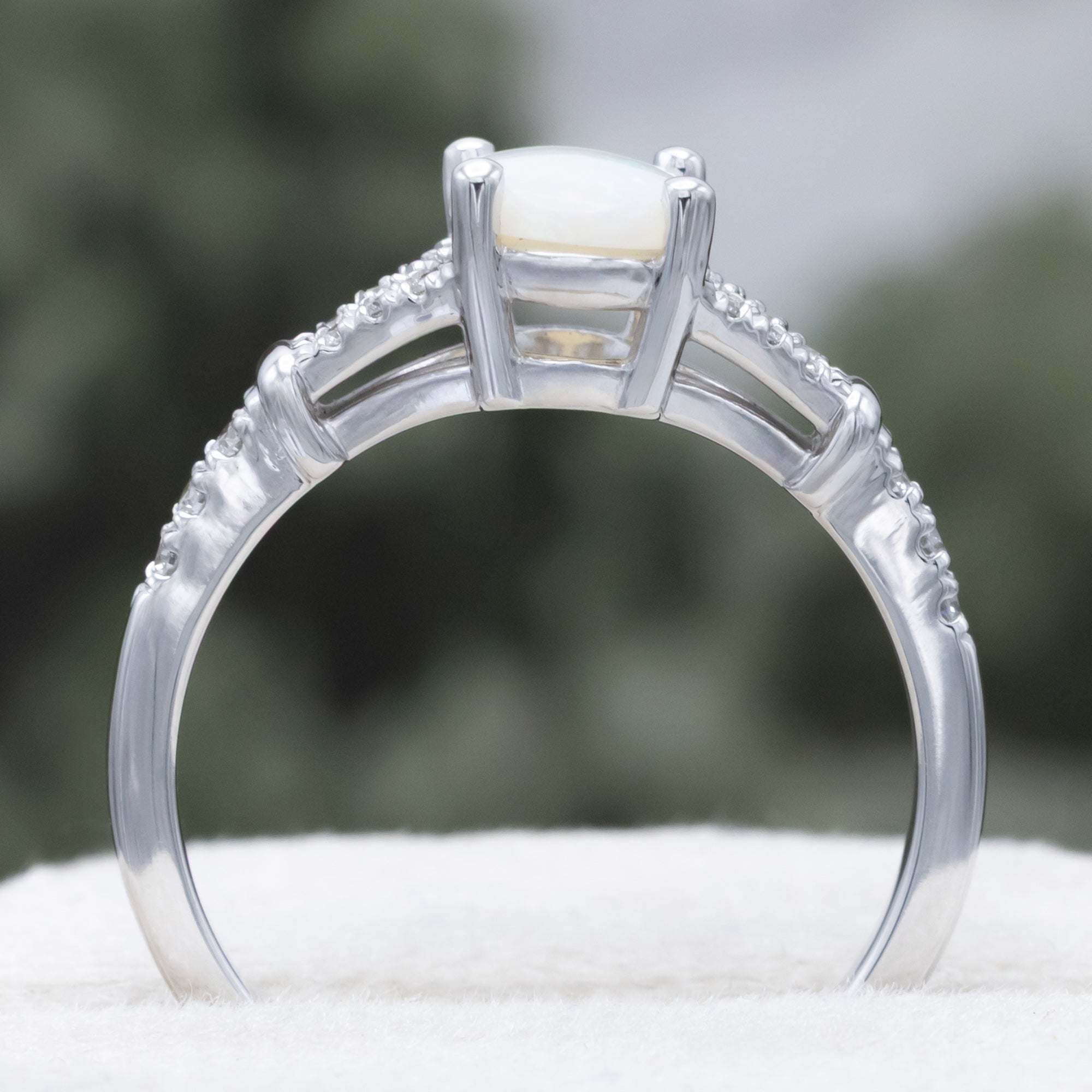 "EVLIN" - OVAL CABOCHON CUT WHITE OPAL ENGAGEMENT RING WITH DIAMOND ACCENTS & TRACER-Staghead Designs