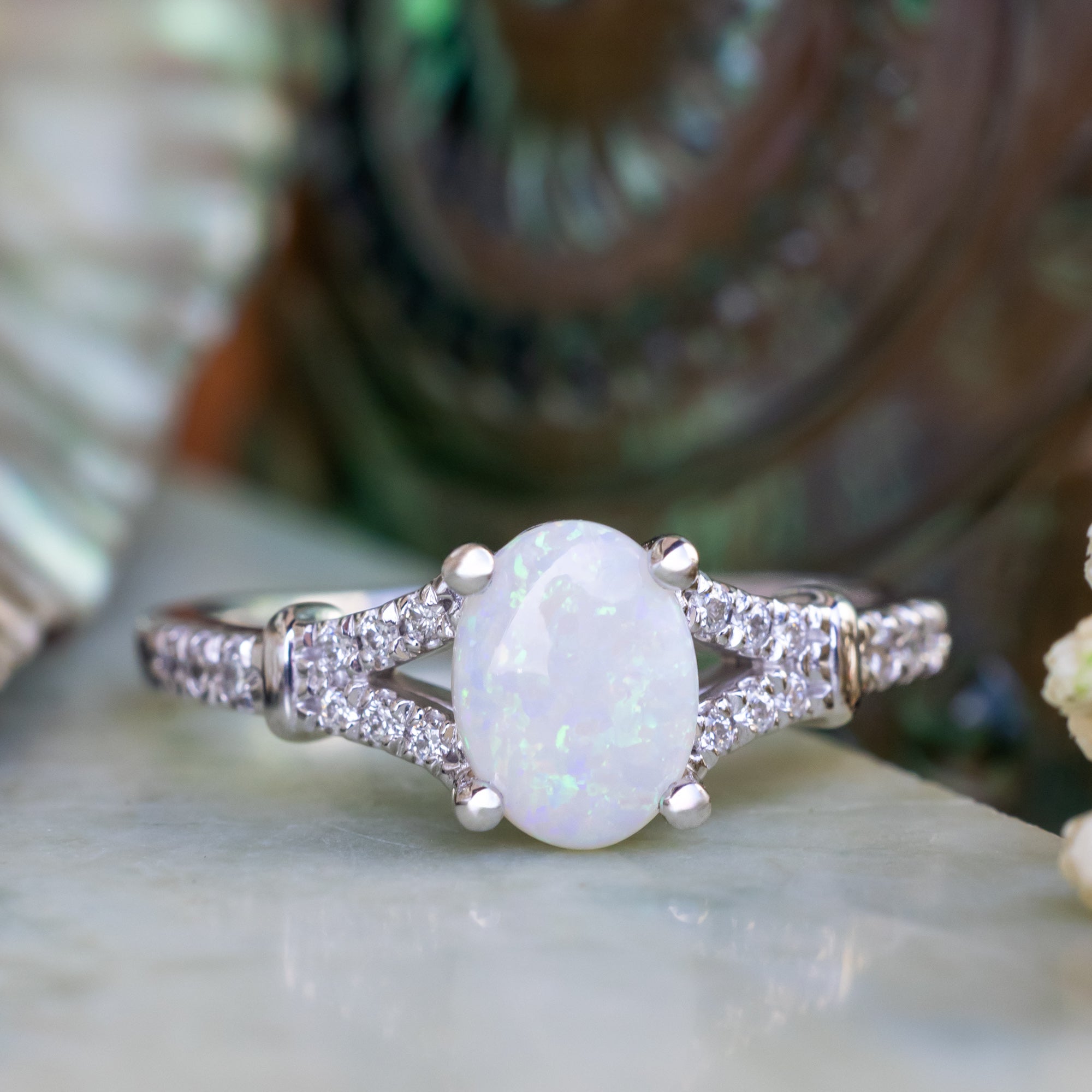 "EVLIN" - OVAL CABOCHON CUT WHITE OPAL ENGAGEMENT RING WITH DIAMOND ACCENTS & TRACER-Staghead Designs