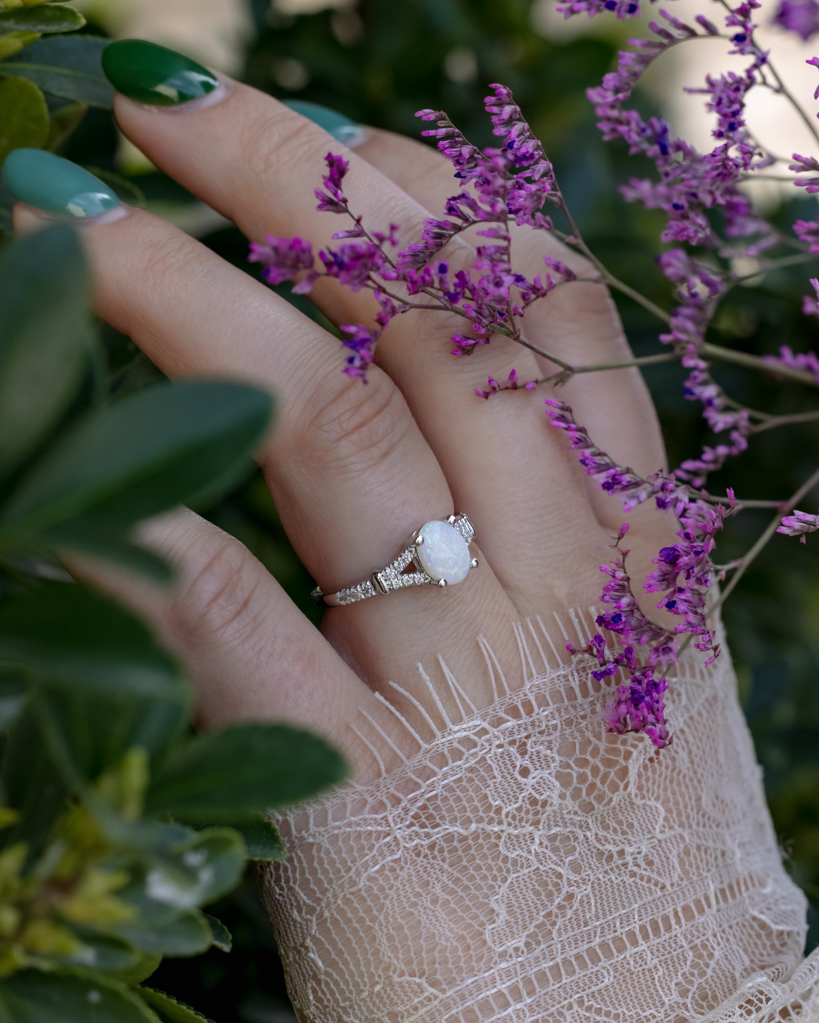 "EVLIN" - OVAL CABOCHON CUT WHITE OPAL ENGAGEMENT RING WITH DIAMOND ACCENTS & TRACER-Staghead Designs