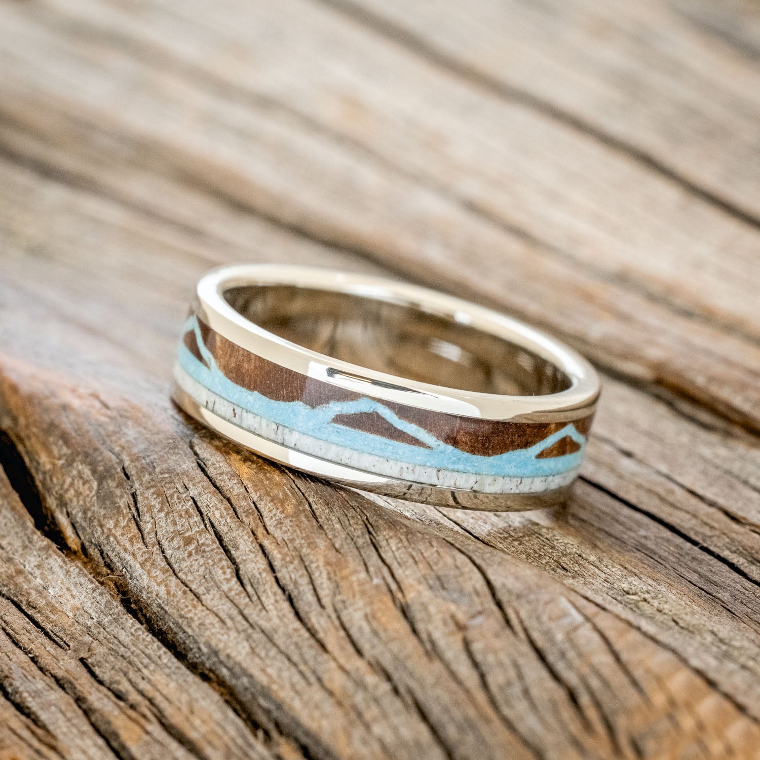 "THE EXPEDITION" - MOUNTAIN ENGRAVED WEDDING RING WITH REDWOOD, TURQUOISE & ANTLER-8