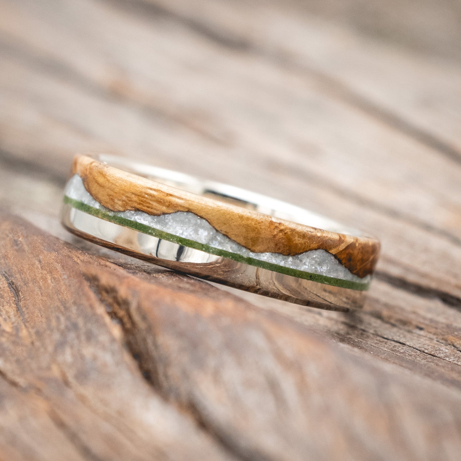 "EZRA" - WHISKEY BARREL OAK WITH DIAMOND DUST & MOSS INLAY WEDDING RING-Staghead Designs