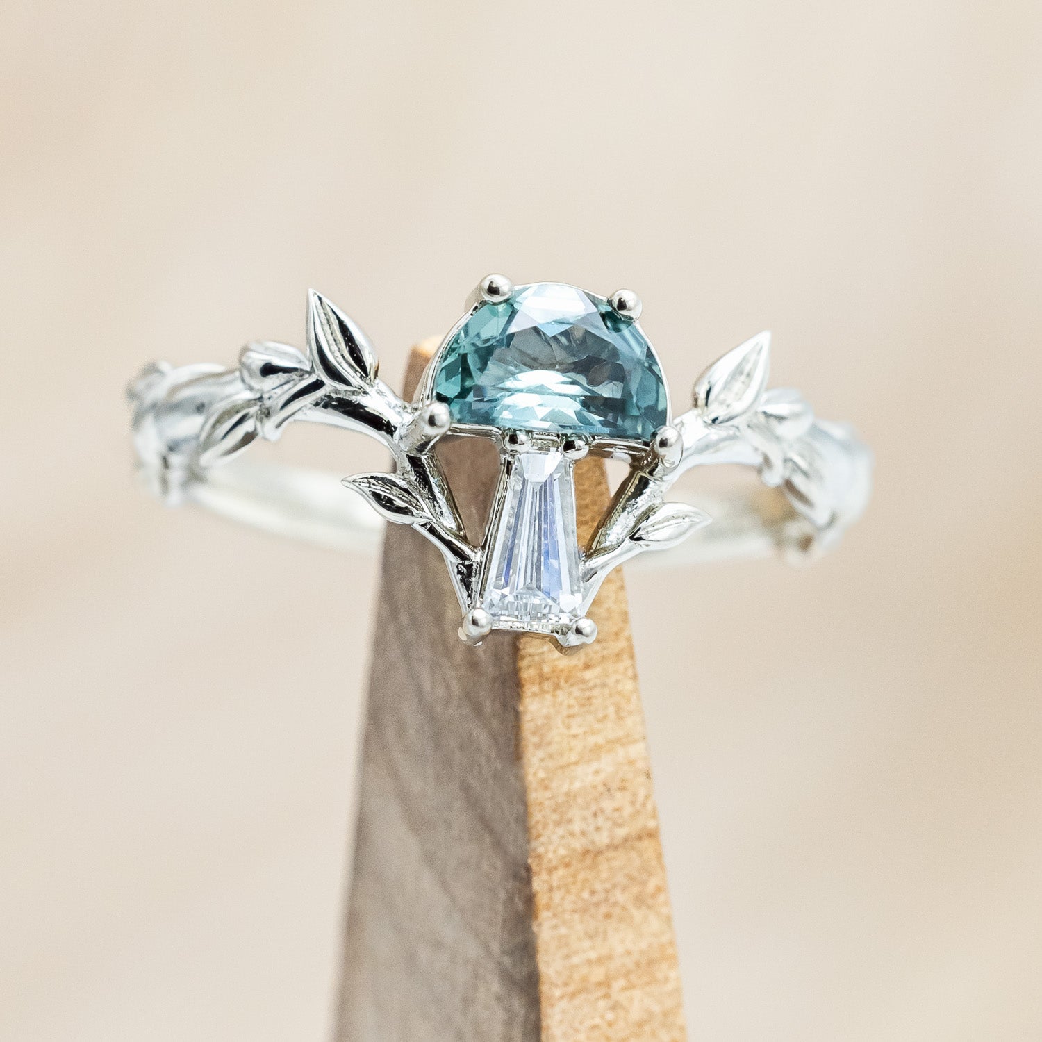 "FAE" - MUSHROOM RING WITH MONTANA SAPPHIRE & DIAMOND ACCENT ON A BRANCH-STYLE BAND-Staghead Designs