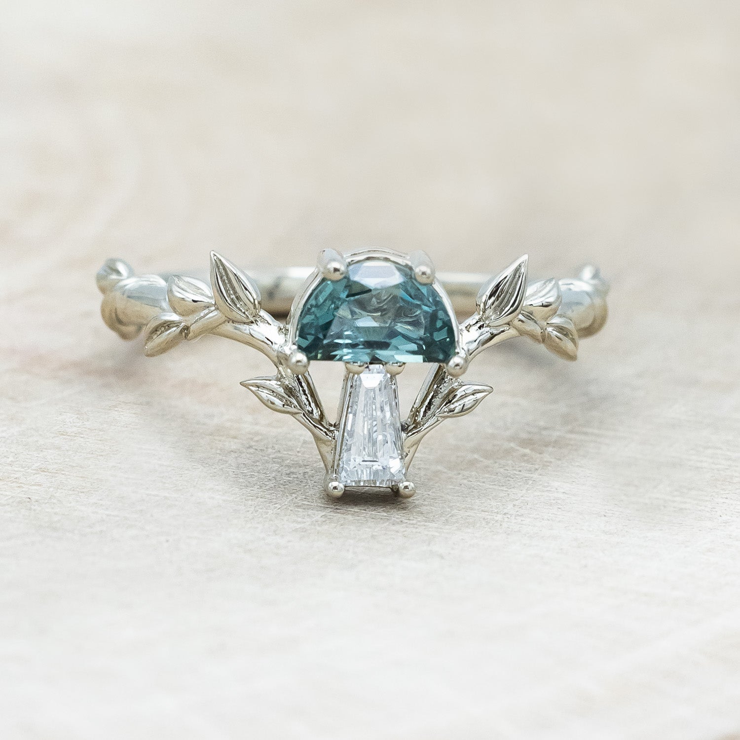 "FAE" - MUSHROOM RING WITH MONTANA SAPPHIRE & DIAMOND ACCENT ON A BRANCH-STYLE BAND-Staghead Designs