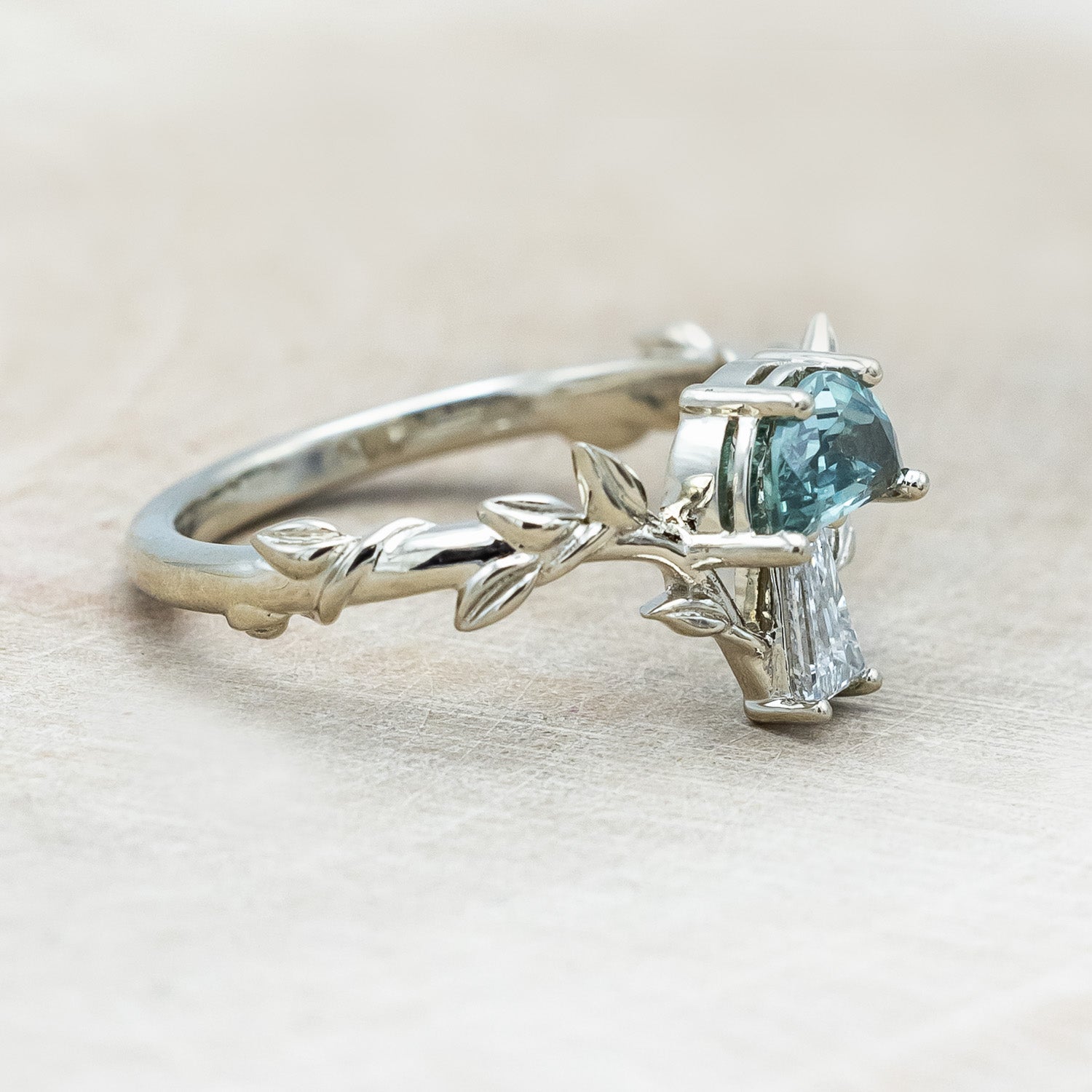 "FAE" - MUSHROOM RING WITH MONTANA SAPPHIRE & DIAMOND ACCENT ON A BRANCH-STYLE BAND-Staghead Designs