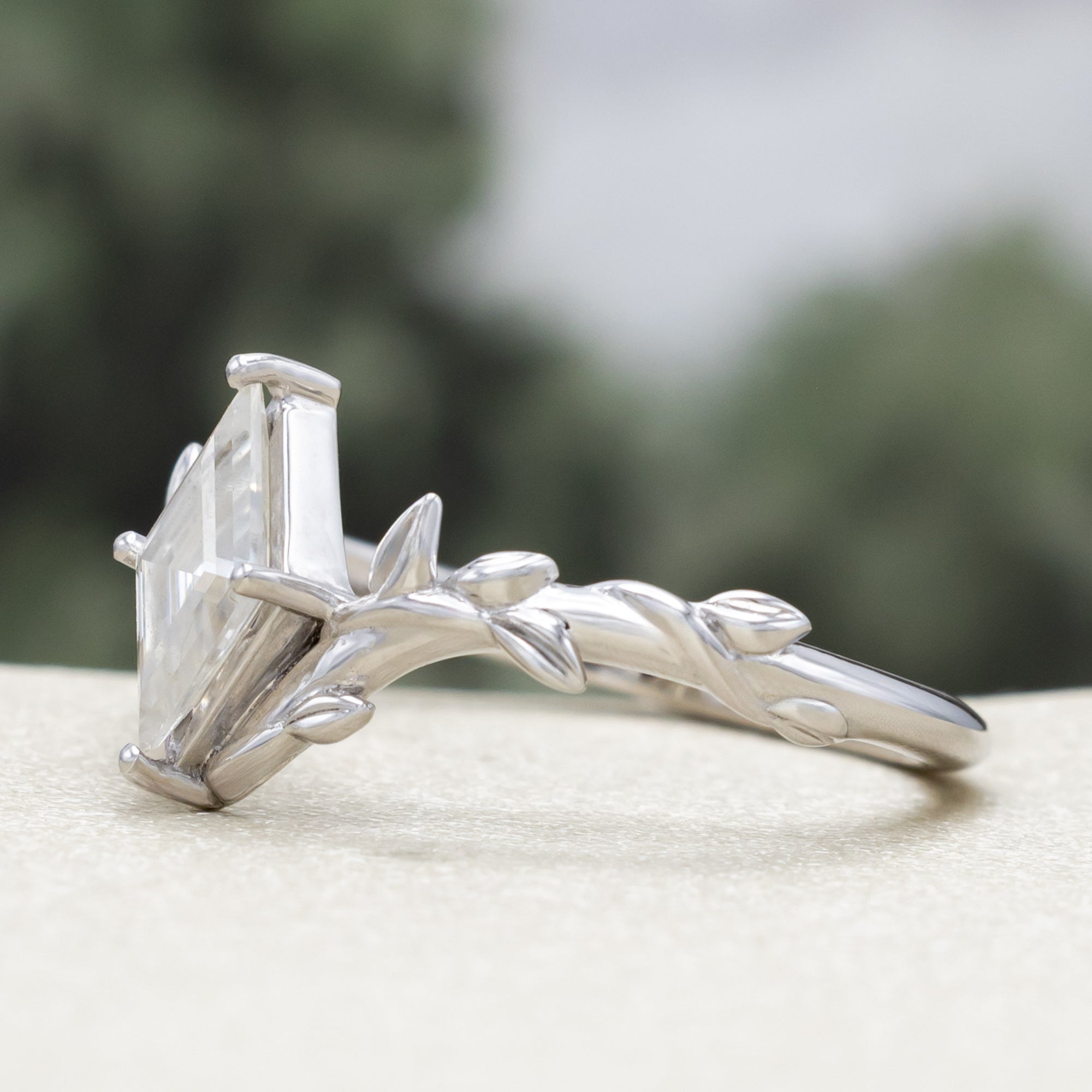 "FAE" - SOLITAIRE-STYLE LOZENGE CUT MOISSANITE ON A BRANCH-INSPIRED BAND-Staghead Designs