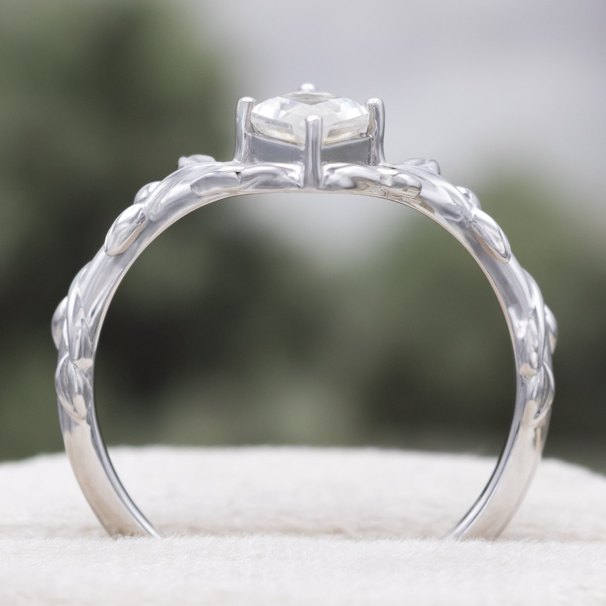 "FAE" - SOLITAIRE-STYLE LOZENGE CUT MOISSANITE ON A BRANCH-INSPIRED BAND-Staghead Designs