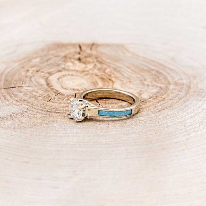 "FAWN" - ROUND CUT MOISSANITE ANTLER PRONGED ENGAGEMENT RING WITH TURQUOISE INLAYS