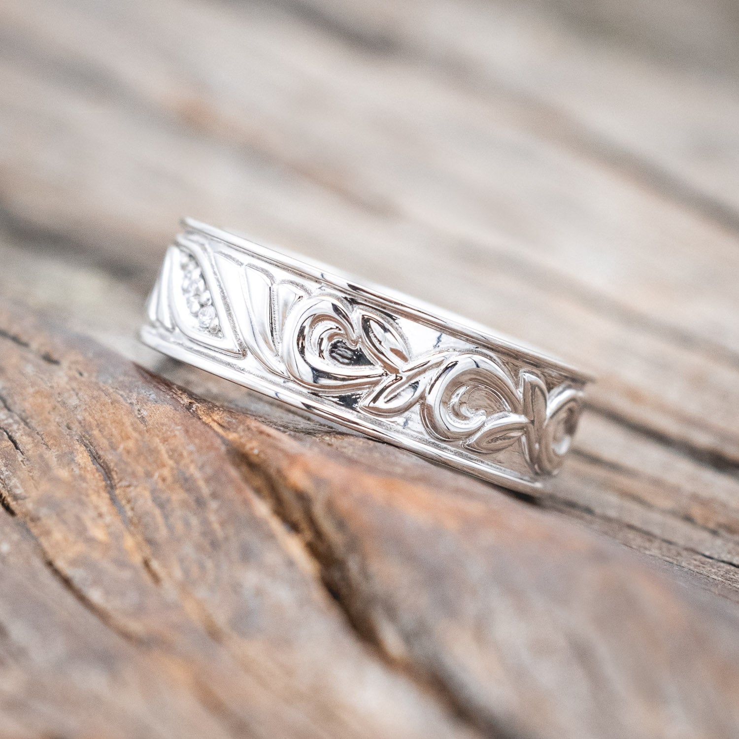 FLORAL FILIGREE MEN'S ENGAGEMENT RING WITH DIAMOND ACCENTS-Staghead Designs