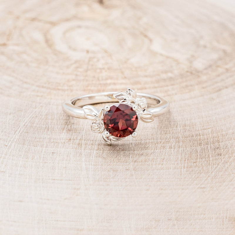 "ROSA" - ROUND CUT MOZAMBIQUE GARNET ENGAGEMENT RING WITH FLOWER ACCENTS - 14K WHITE GOLD - SIZE 6 3/4