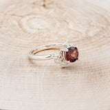 "ROSA" - ROUND CUT MOZAMBIQUE GARNET ENGAGEMENT RING WITH FLOWER ACCENTS - 14K WHITE GOLD - SIZE 6 3/4