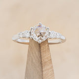 "GEMINI" - ROUND ROSE CUT MOISSANITE ENGAGEMENT RING WITH DIAMOND ACCENTS - 14K WHITE GOLD - SIZE 10-1