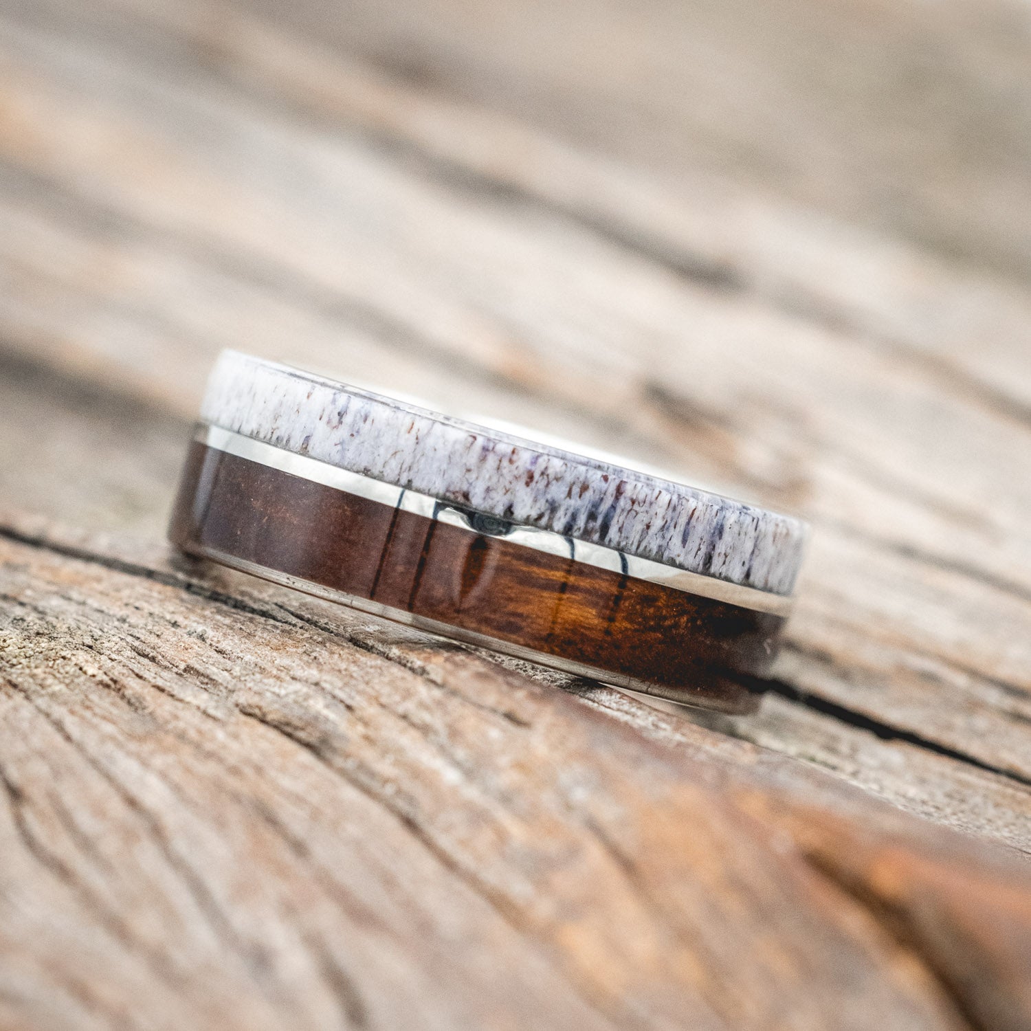 "GOLDEN" - IRONWOOD, ANTLER & 14K WHITE GOLD INLAY WEDDING BAND-Staghead Designs