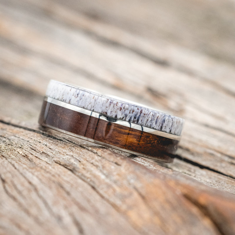 "GOLDEN" - IRONWOOD, ANTLER & 14K WHITE GOLD INLAY WEDDING BAND