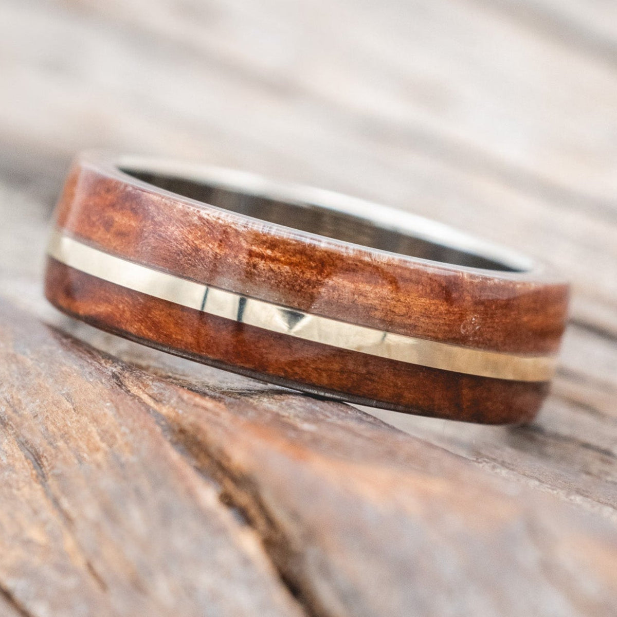 "GOLDEN" - REDWOOD & 14K GOLD INLAY WEDDING BAND-Staghead Designs
