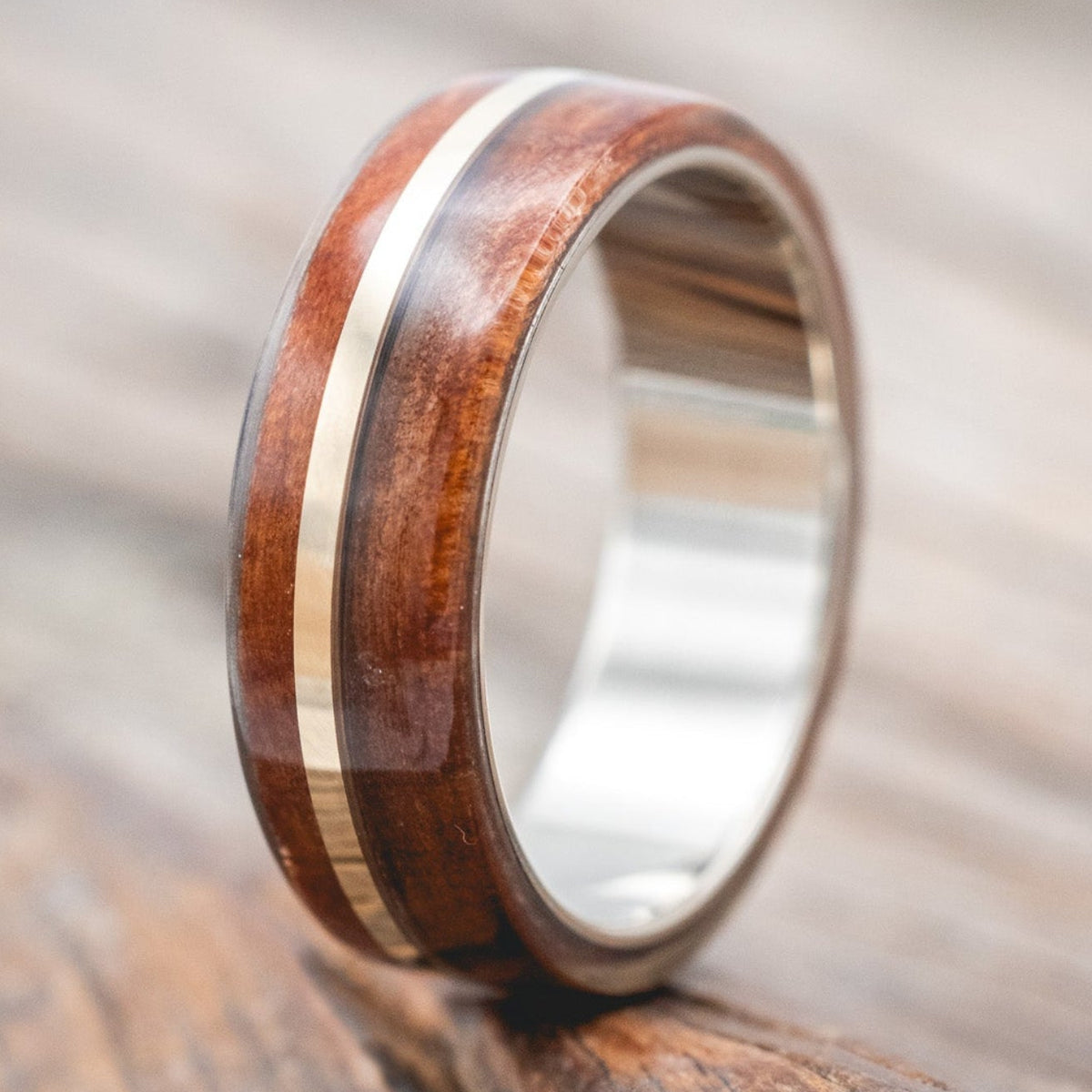 "GOLDEN" - REDWOOD & 14K GOLD INLAY WEDDING BAND-Staghead Designs