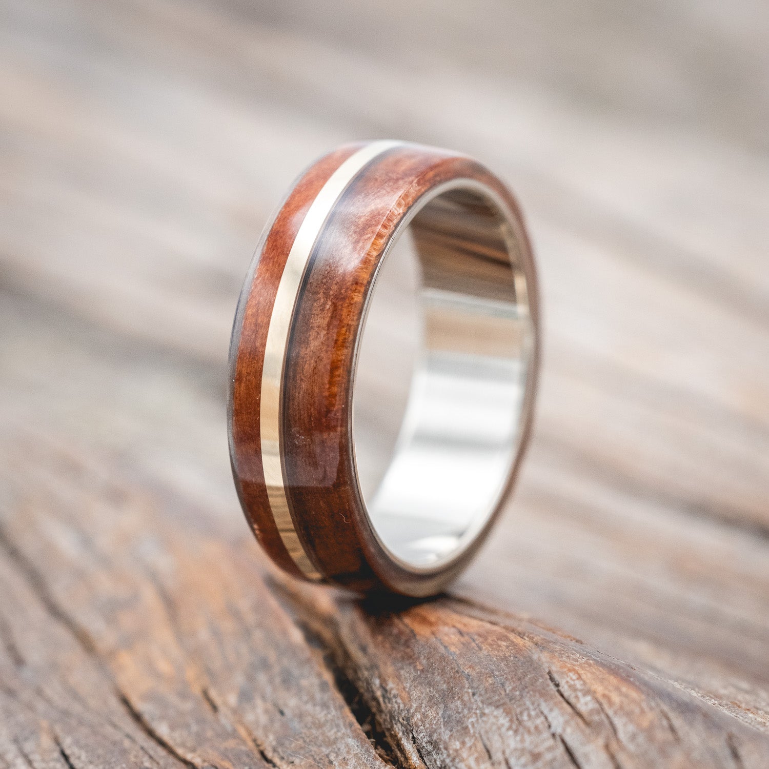 "GOLDEN" - REDWOOD & 14K GOLD INLAY WEDDING BAND-Staghead Designs