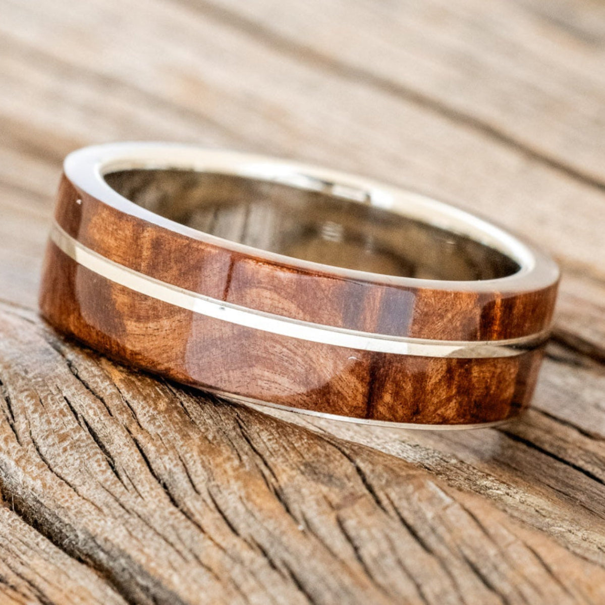 "GOLDEN" - REDWOOD & 14K GOLD INLAY WEDDING BAND-2