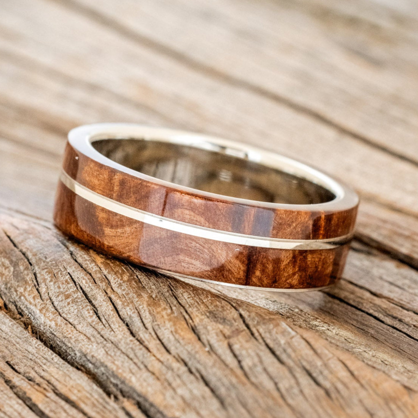 "GOLDEN" - REDWOOD & 14K GOLD INLAY WEDDING BAND-2