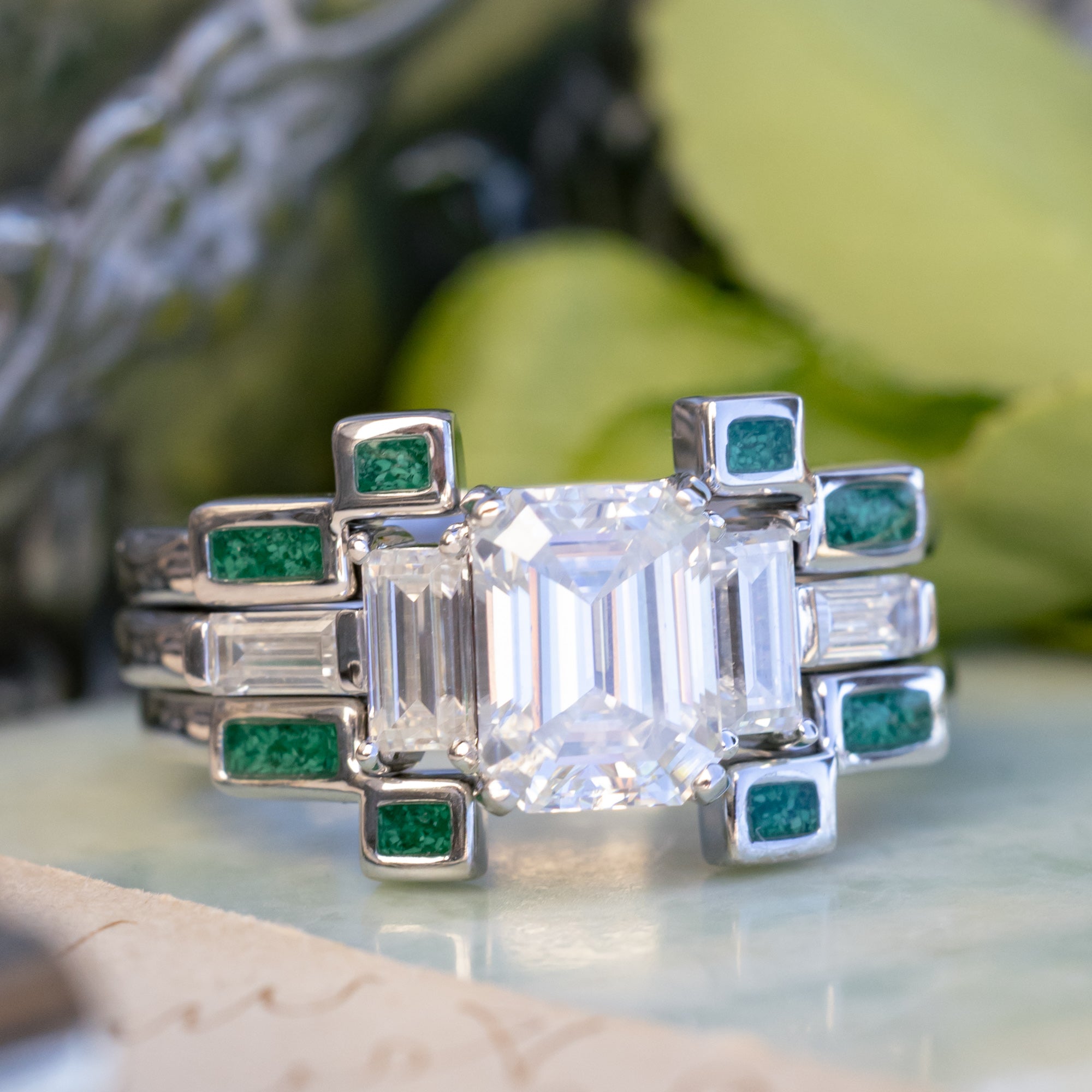 "Greta" - Emerald Cut Moissanite Engagement Ring With Wedding Bands-Staghead Designs