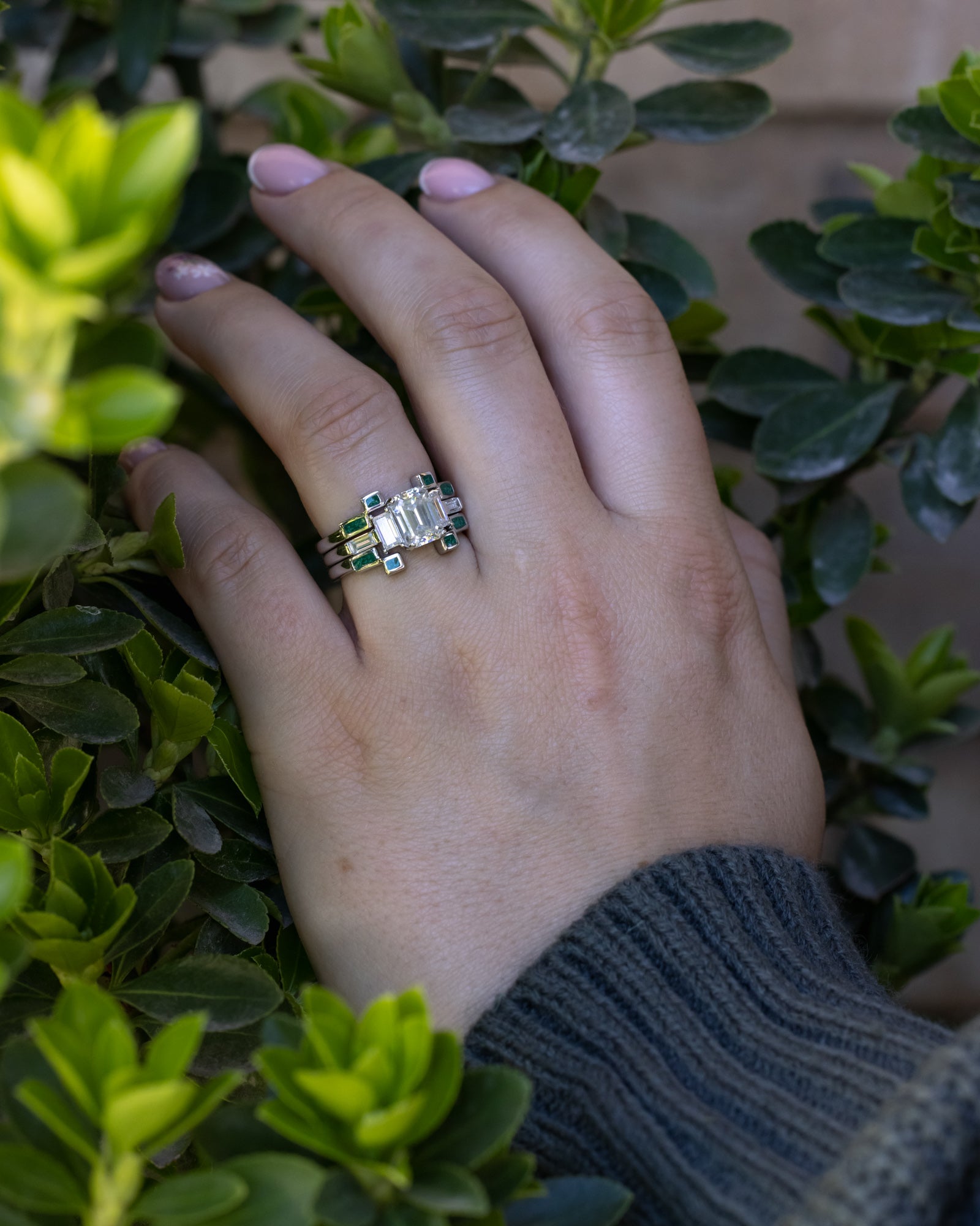 "Greta" - Emerald Cut Moissanite Engagement Ring With Wedding Bands-Staghead Designs