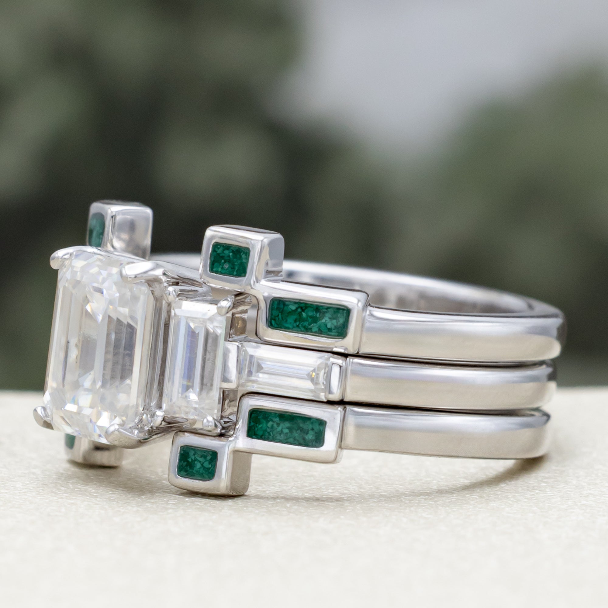 "Greta" - Emerald Cut Moissanite Engagement Ring With Wedding Bands-Staghead Designs
