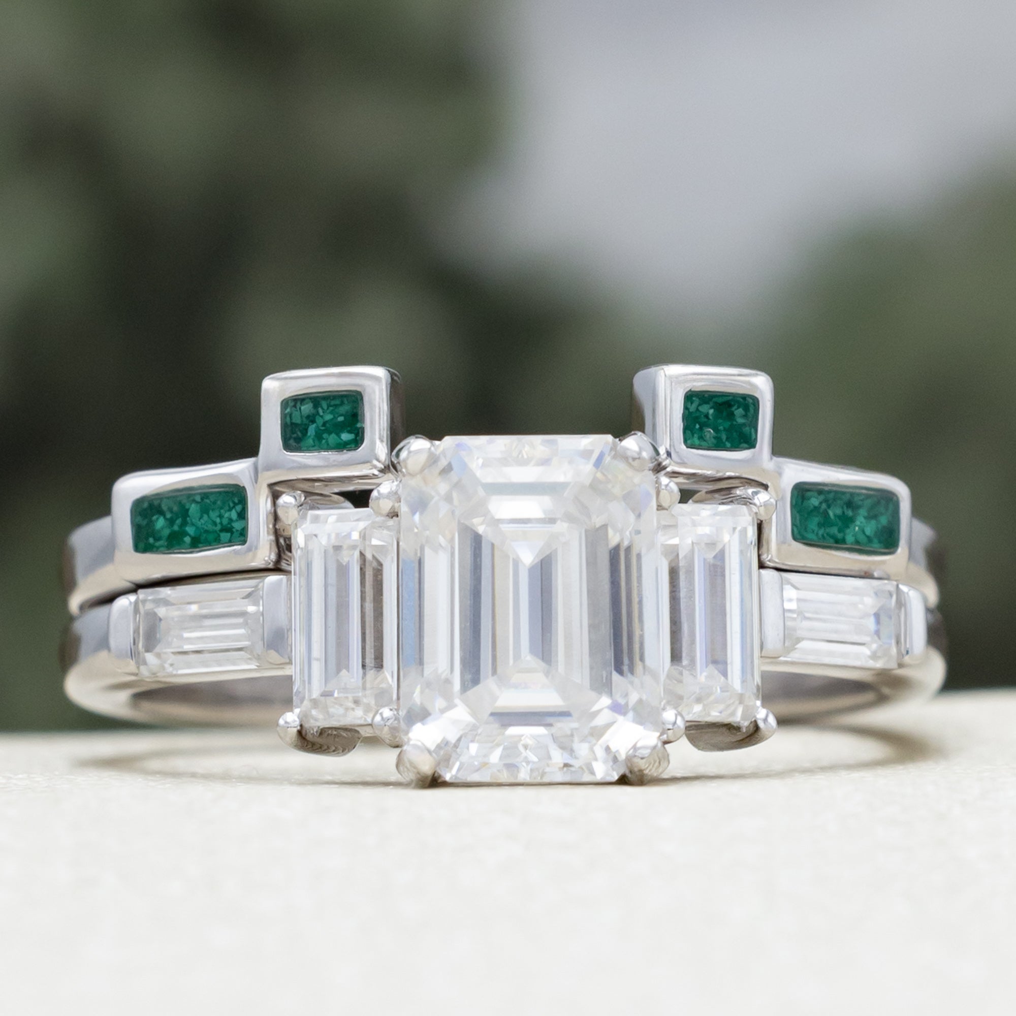 "Greta" - Emerald Cut Moissanite Engagement Ring With Wedding Bands-Staghead Designs