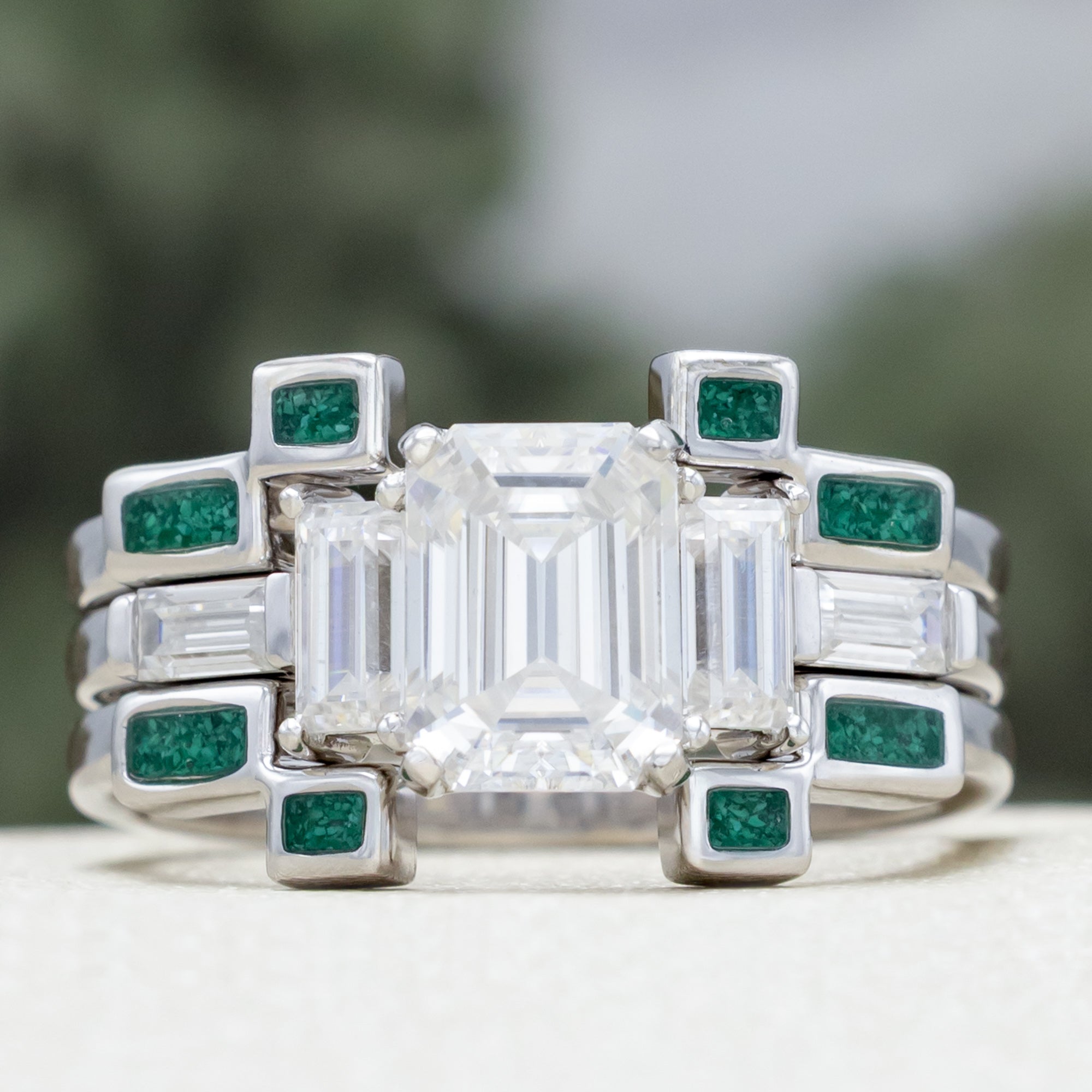 "Greta" - Emerald Cut Moissanite Engagement Ring With Wedding Bands-Staghead Designs