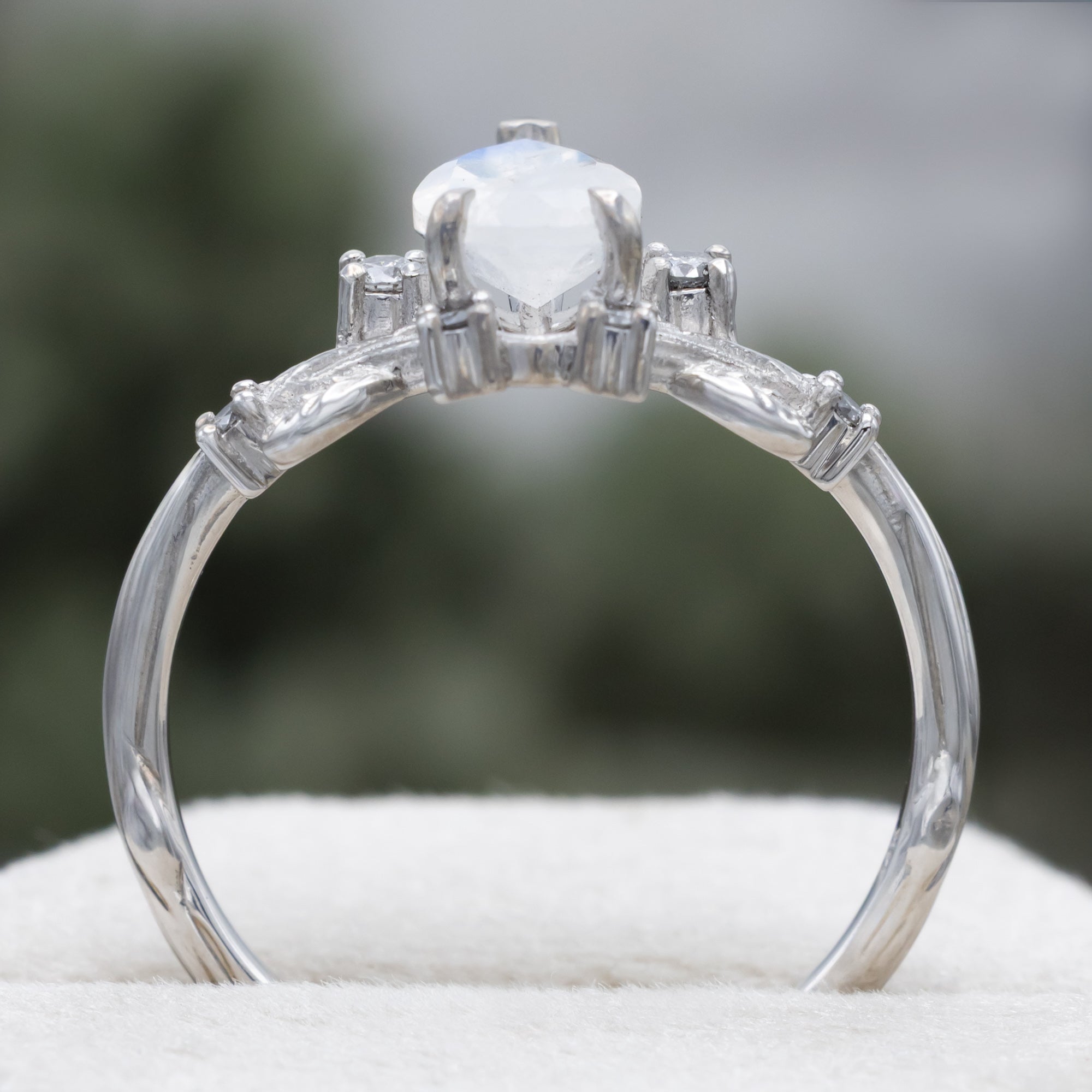 "Harlow" - Pear Cut Moonstone Women's Engagement Ring With Salt & Pepper Diamond Accents & Tracer-Staghead Designs