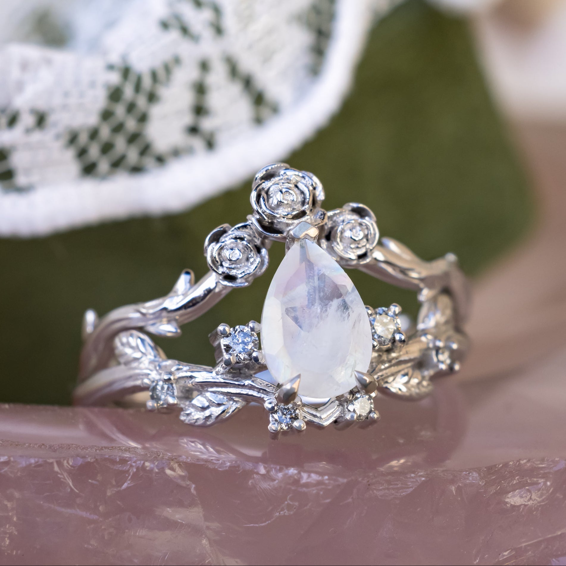 "Harlow" - Pear Cut Moonstone Women's Engagement Ring With Salt & Pepper Diamond Accents & Tracer-Staghead Designs