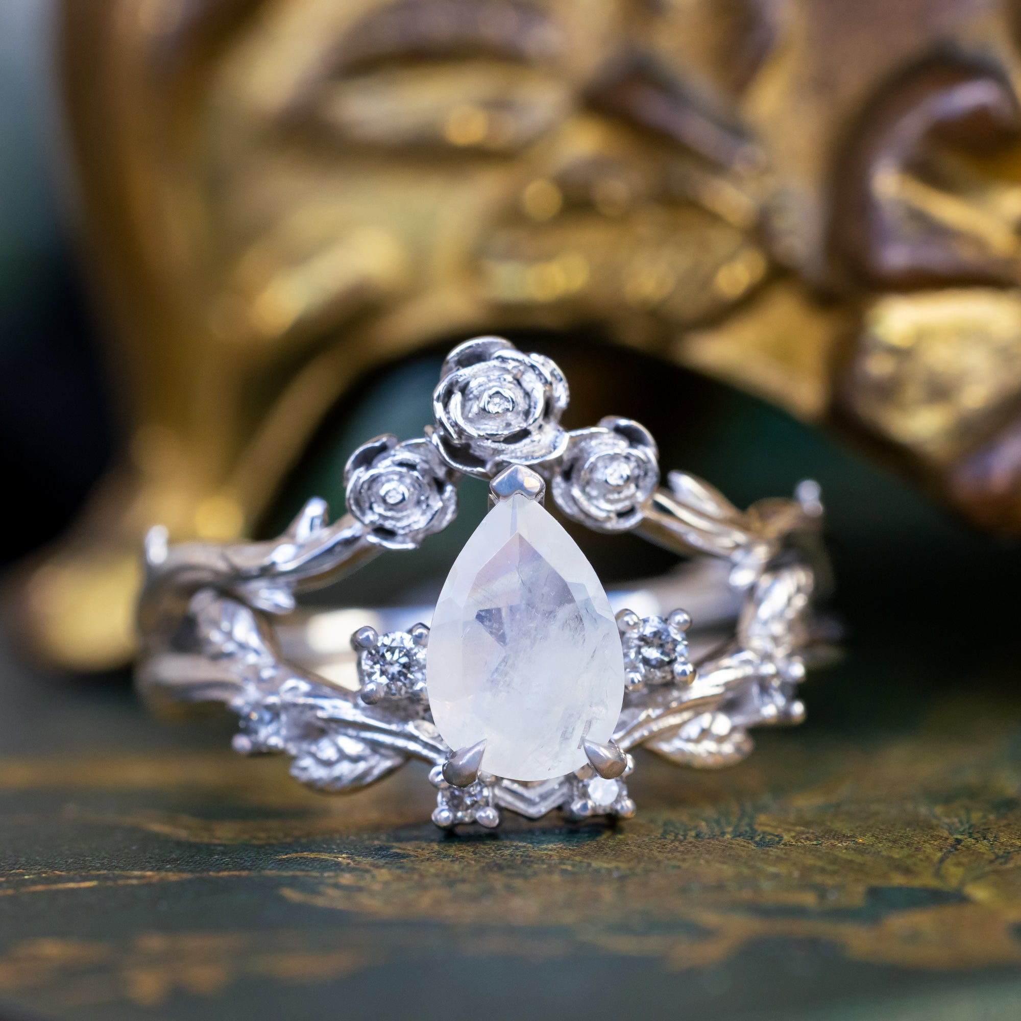 "Harlow" - Pear Cut Moonstone Women's Engagement Ring With Salt & Pepper Diamond Accents & Tracer-Staghead Designs
