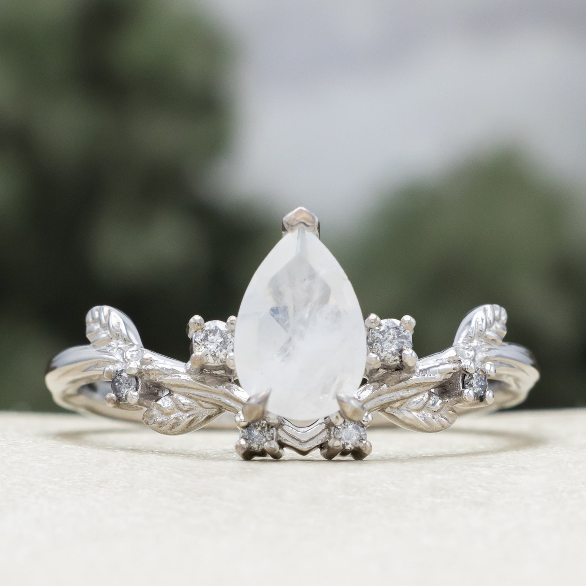 "Harlow" - Pear Cut Moonstone Women's Engagement Ring With Salt & Pepper Diamond Accents & Tracer-Staghead Designs