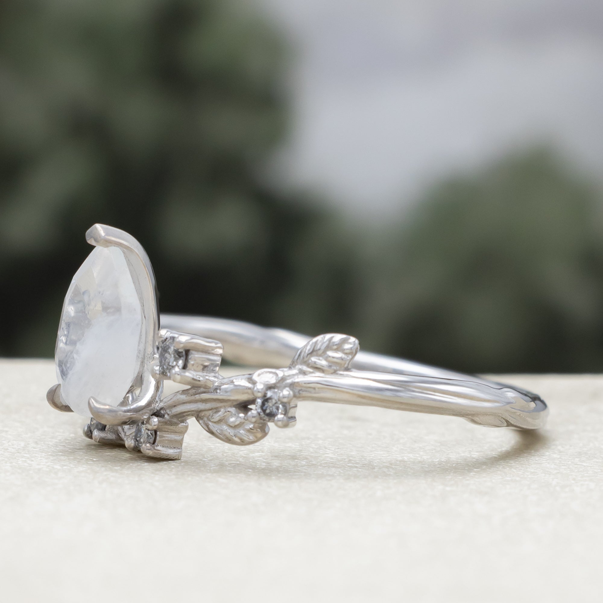 "Harlow" - Pear Cut Moonstone Women's Engagement Ring With Salt & Pepper Diamond Accents & Tracer-Staghead Designs