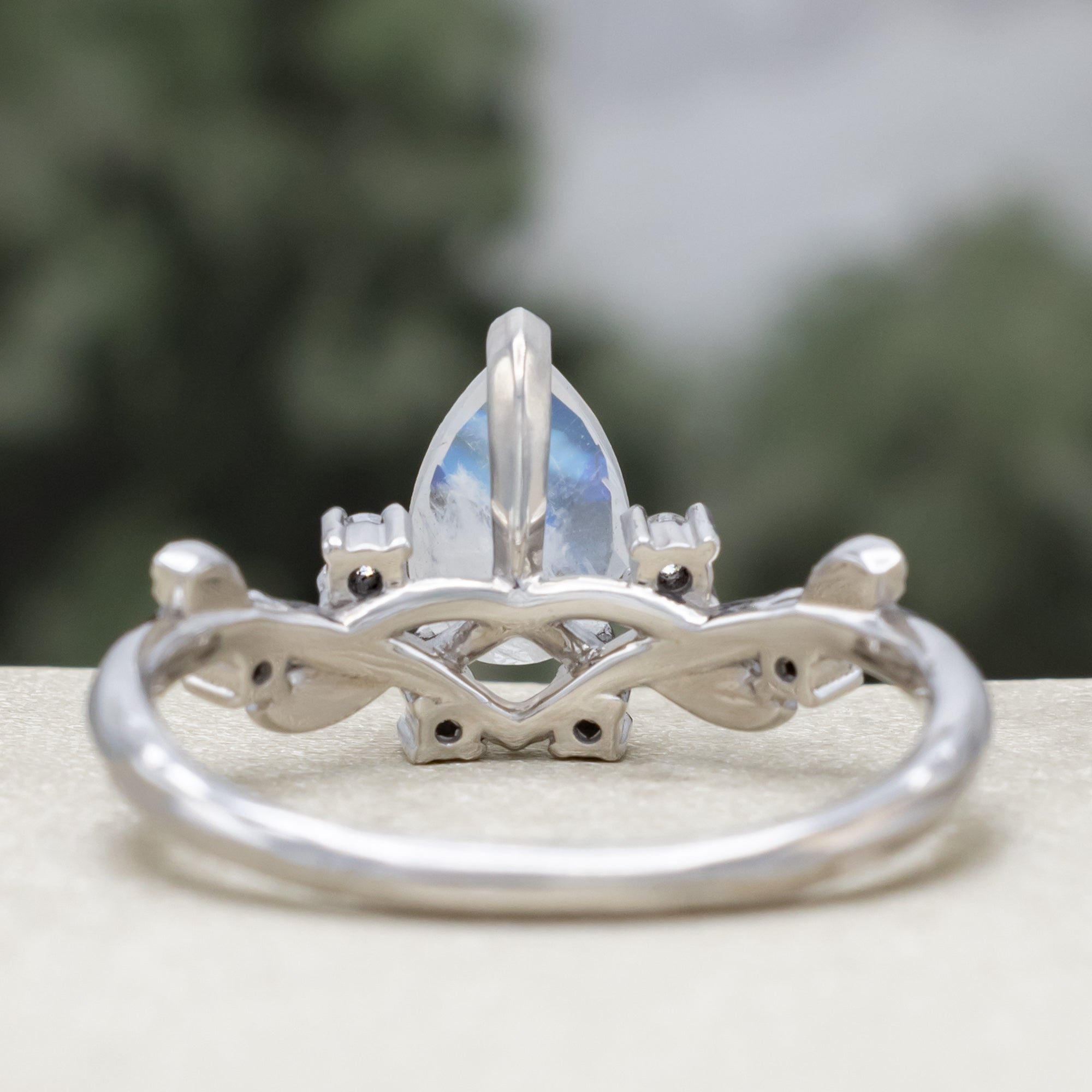 "Harlow" - Pear Cut Moonstone Women's Engagement Ring With Salt & Pepper Diamond Accents & Tracer-Staghead Designs