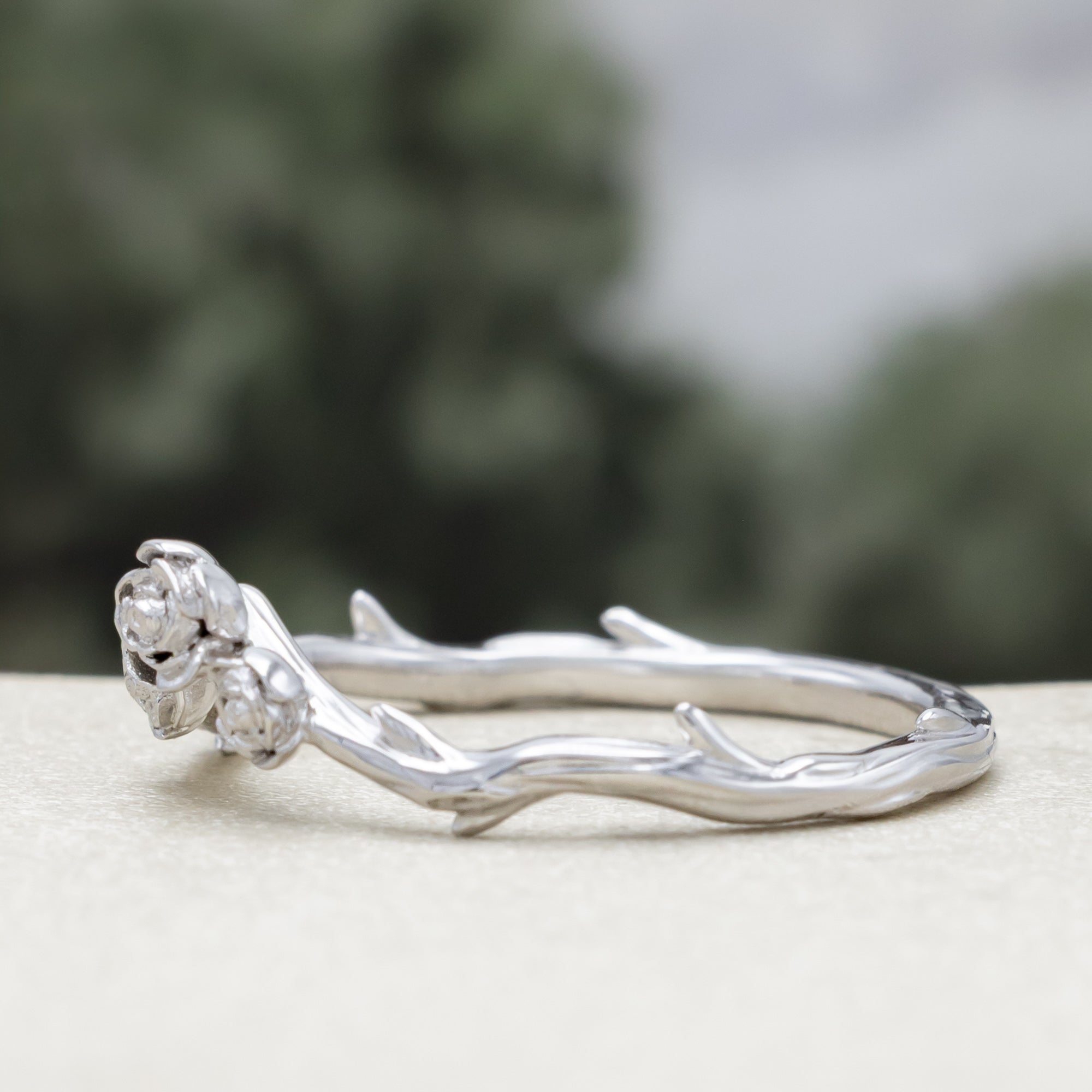 "Harlow" - Pear Cut Moonstone Women's Engagement Ring With Salt & Pepper Diamond Accents & Tracer-Staghead Designs