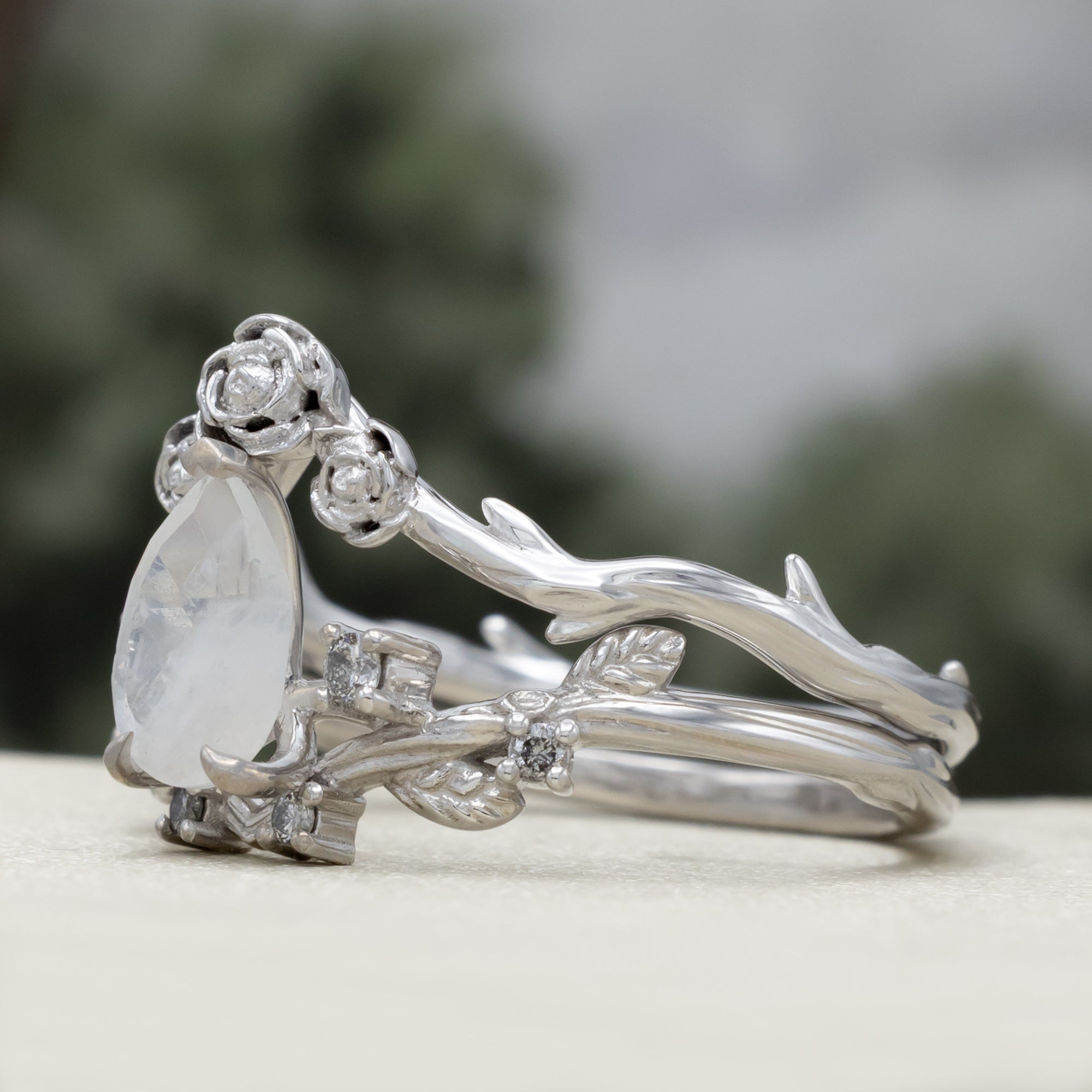 "Harlow" - Pear Cut Moonstone Women's Engagement Ring With Salt & Pepper Diamond Accents & Tracer-Staghead Designs