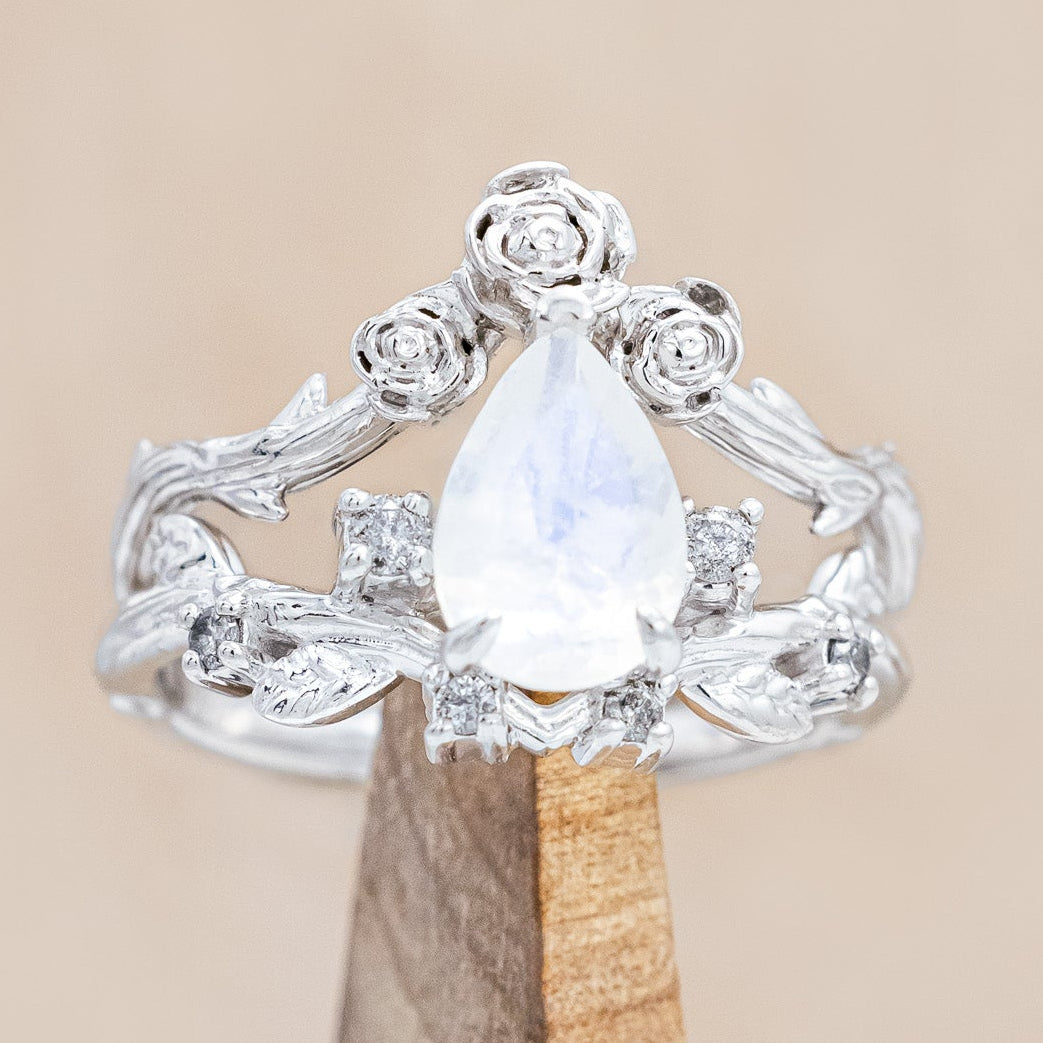 "Harlow" - moonstone women's engagement ring with salt & pepper diamond accents on a branch-inspired band & floral style tracer