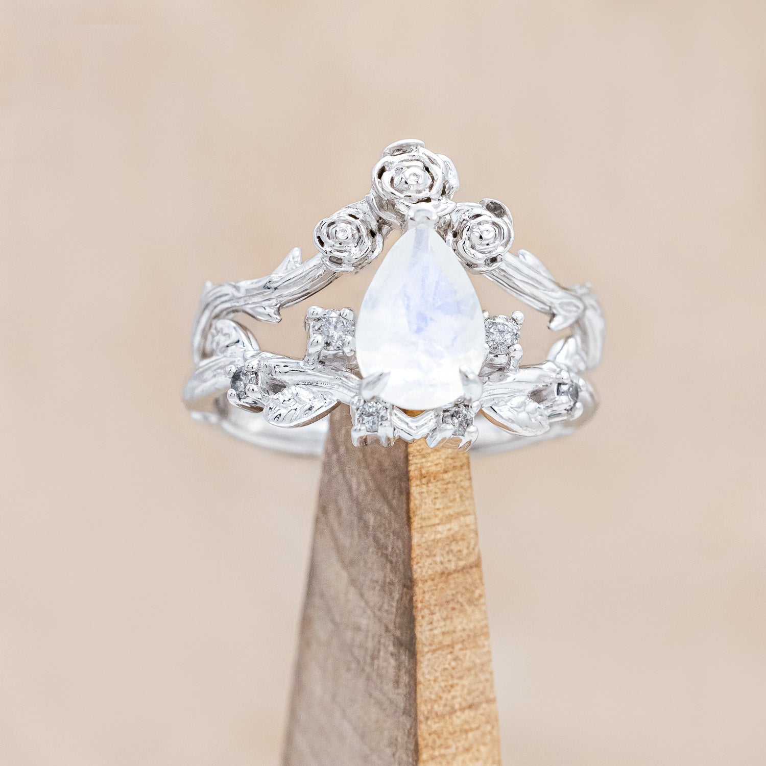 "Harlow" - moonstone women's engagement ring with salt & pepper diamond accents on a branch-inspired band & floral style tracer
