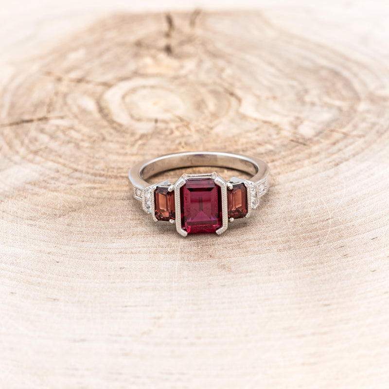 "HAZEL" - EMERALD CUT LAB-GROWN RUBY ENGAGEMENT RING WITH GARNET & DIAMOND ACCENTS-4