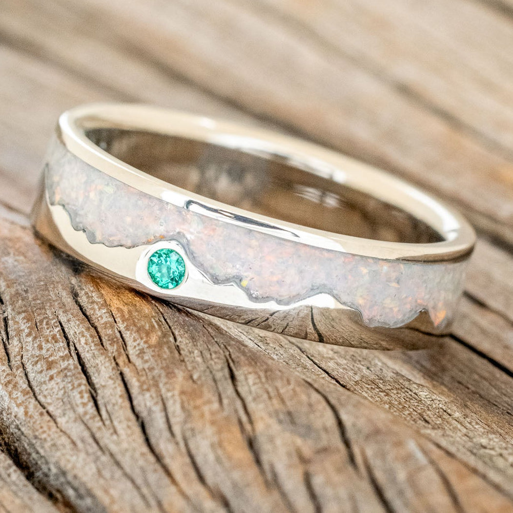"HELIOS" - FIRE AND ICE OPAL WEDDING RING FEATURING A ROUND CUT GEMSTONE ACCENT AND A MOUNTAIN RANGE-Staghead Designs