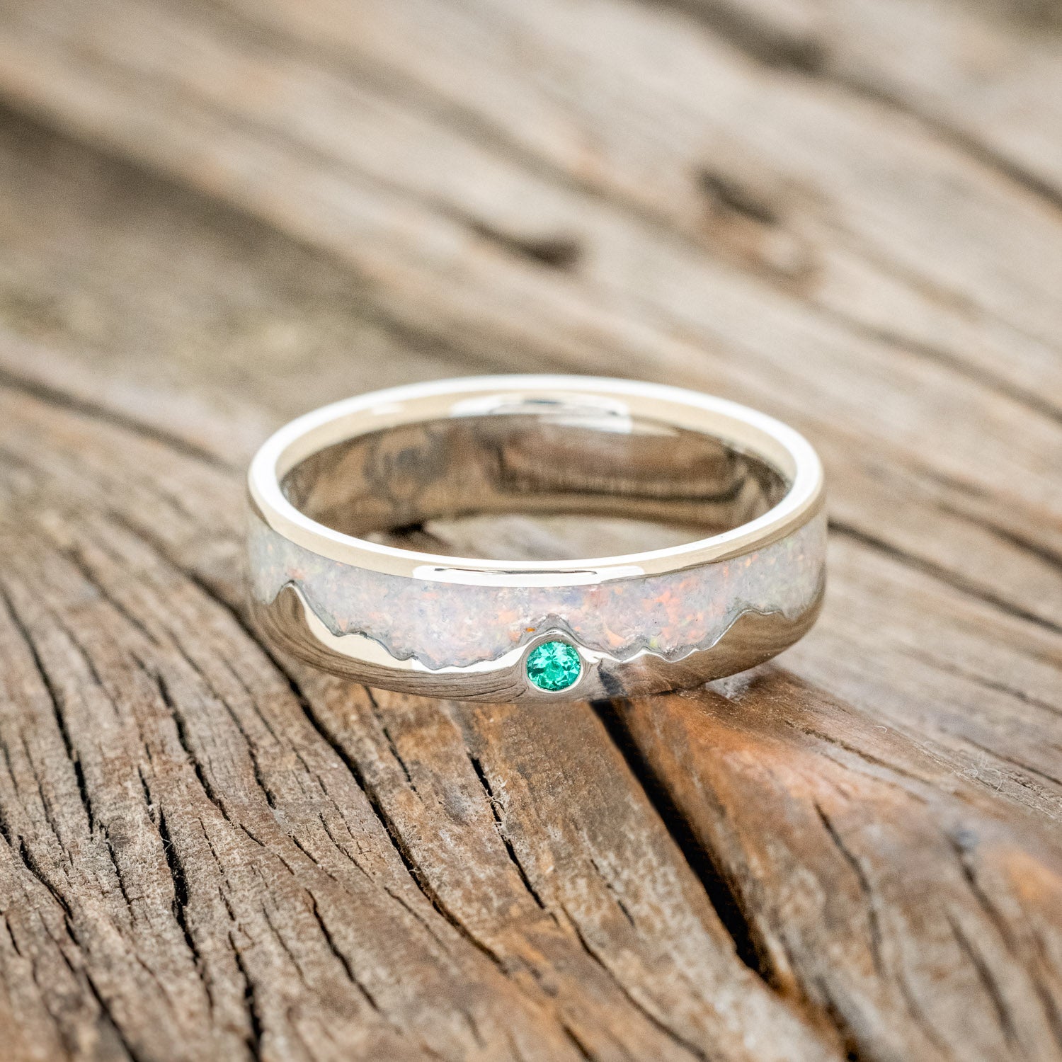 "HELIOS" - FIRE AND ICE OPAL & GOLD MOUNTAIN RANGE WEDDING RING FEATURING A LAB-GROWN EMERALD ACCENT-6