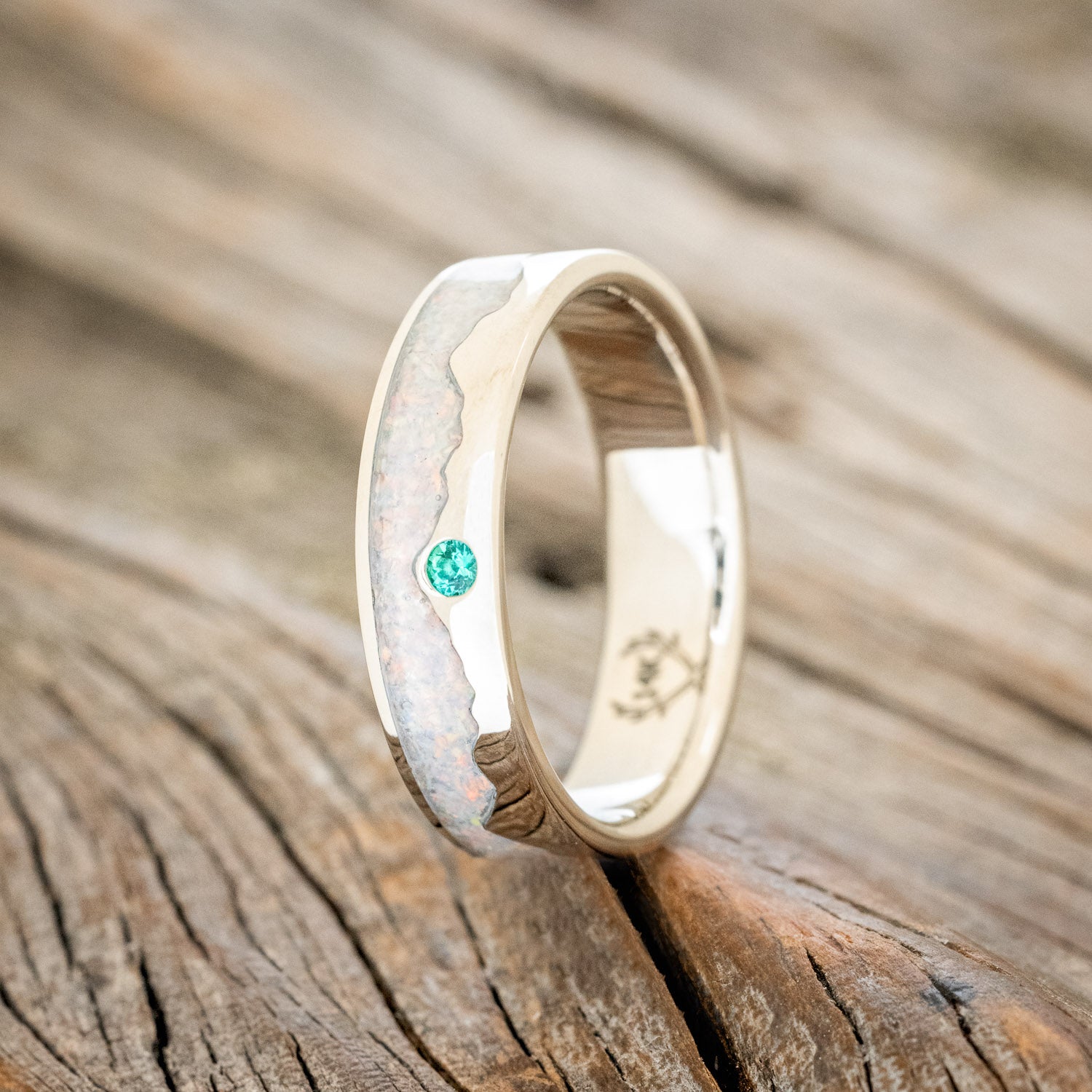 "HELIOS" - FIRE AND ICE OPAL & GOLD MOUNTAIN RANGE WEDDING RING FEATURING A LAB-GROWN EMERALD ACCENT-4