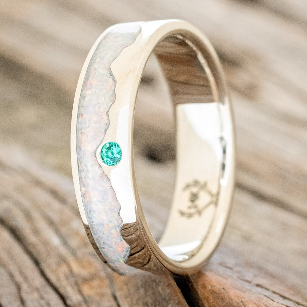 "HELIOS" - FIRE AND ICE OPAL WEDDING RING FEATURING A ROUND CUT GEMSTONE ACCENT AND A MOUNTAIN RANGE-Staghead Designs