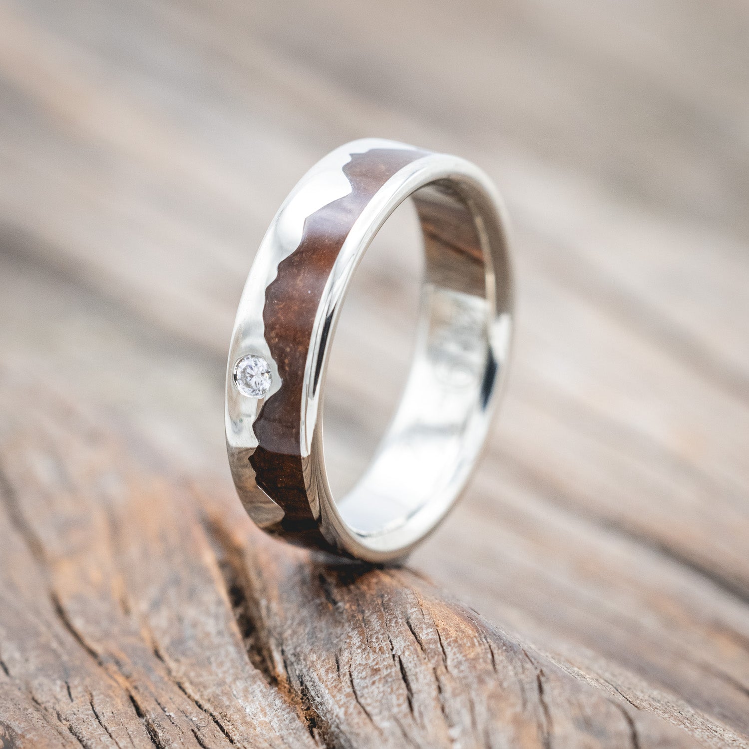 "HELIOS" - KOA WOOD & GOLD MOUNTAIN RANGE WEDDING RING FEATURING A MOISSANITE ACCENT-Staghead Designs