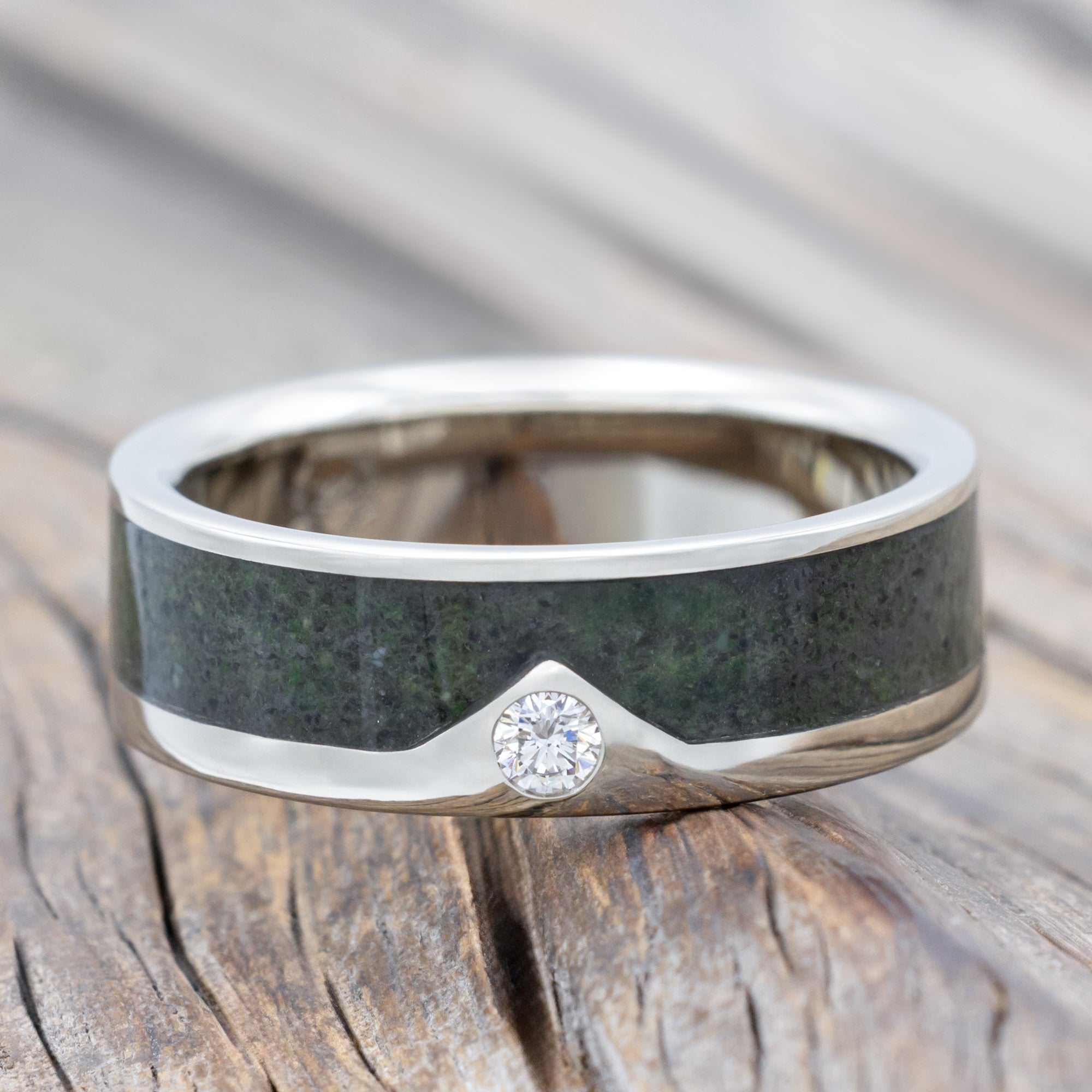"Helios" - Crushed Moss Agate Wedding Ring With A Single Peak Mountain Range And Diamond Accent-Staghead Designs