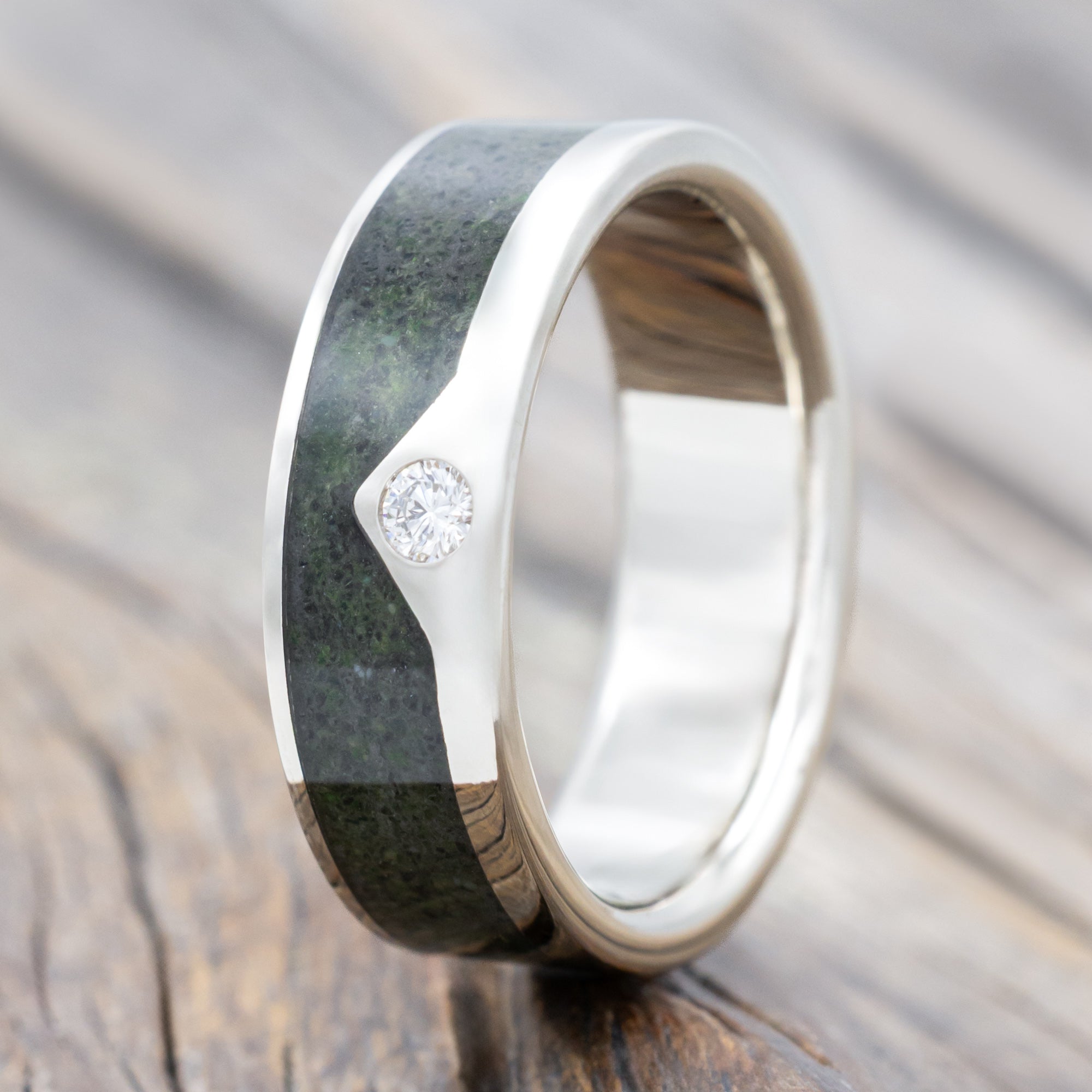 "Helios" - Crushed Moss Agate Wedding Ring With A Single Peak Mountain Range And Diamond Accent-Staghead Designs