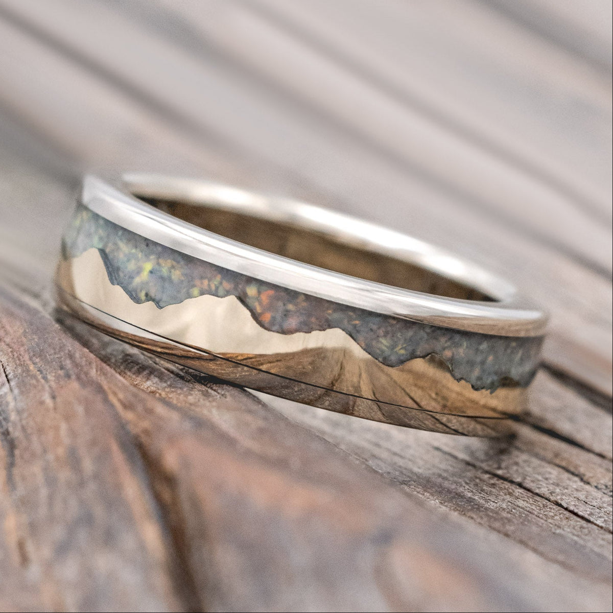 "HELIOS" - GOLD ANDES MOUNTAIN RANGE WITH FIRE AND ICE OPAL INLAY WEDDING BAND-Staghead Designs