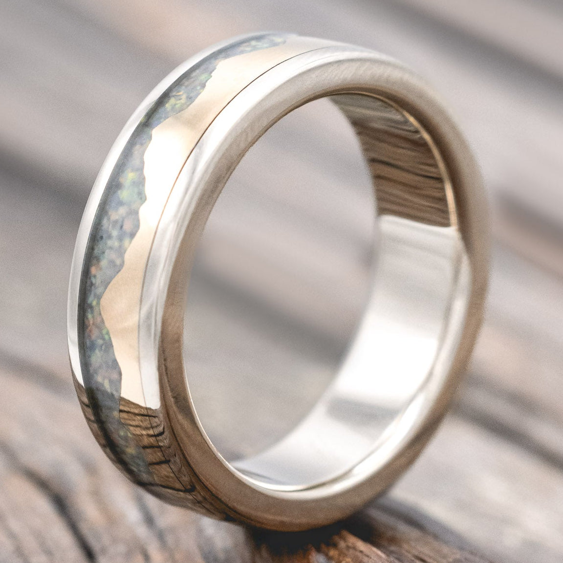 "HELIOS" - GOLD ANDES MOUNTAIN RANGE WITH FIRE AND ICE OPAL INLAY WEDDING BAND-Staghead Designs